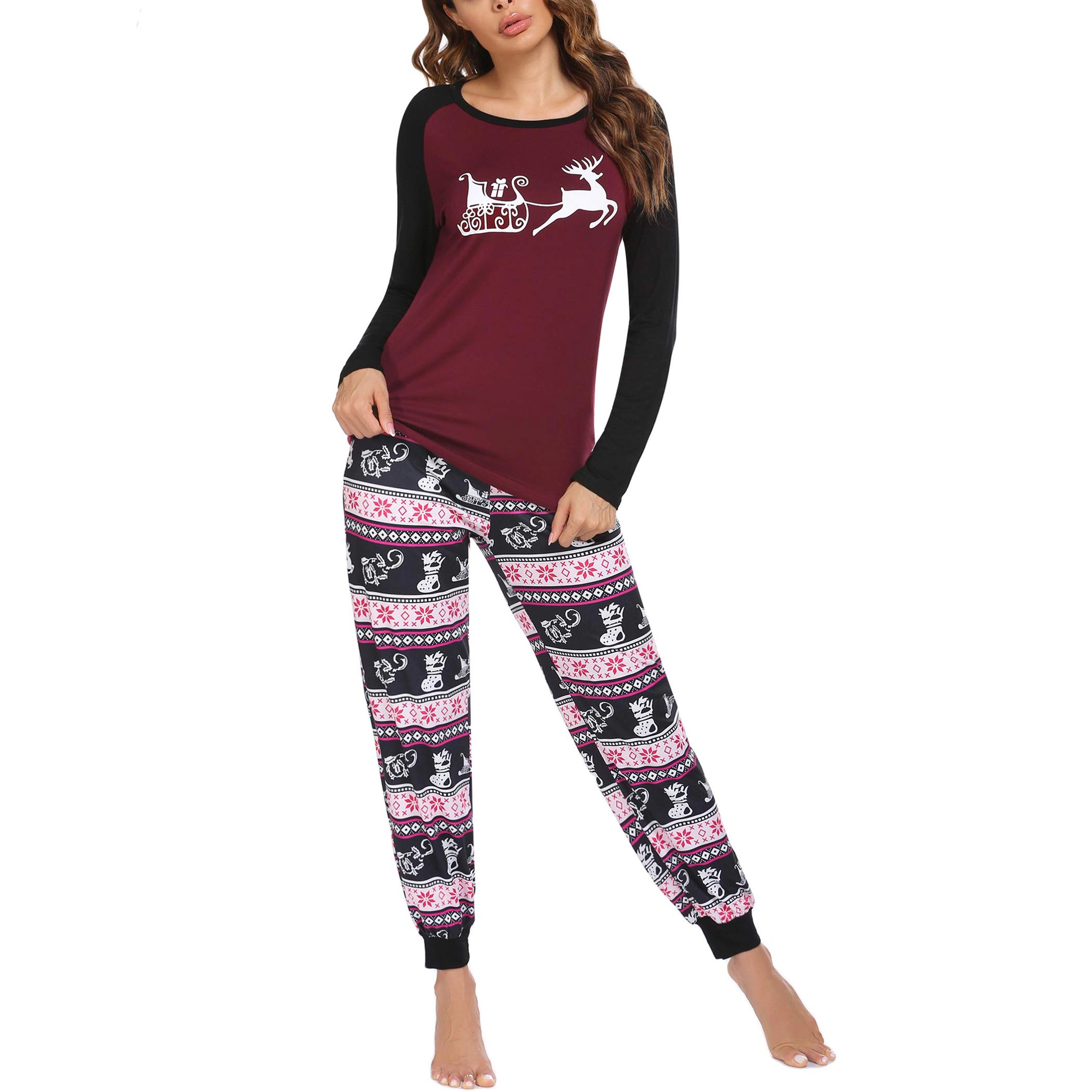 Ekouaer Women's Pajama Set Christmas Pjs Long Sleeve Print Tops and Pajamas Pants Soft Sleepwear