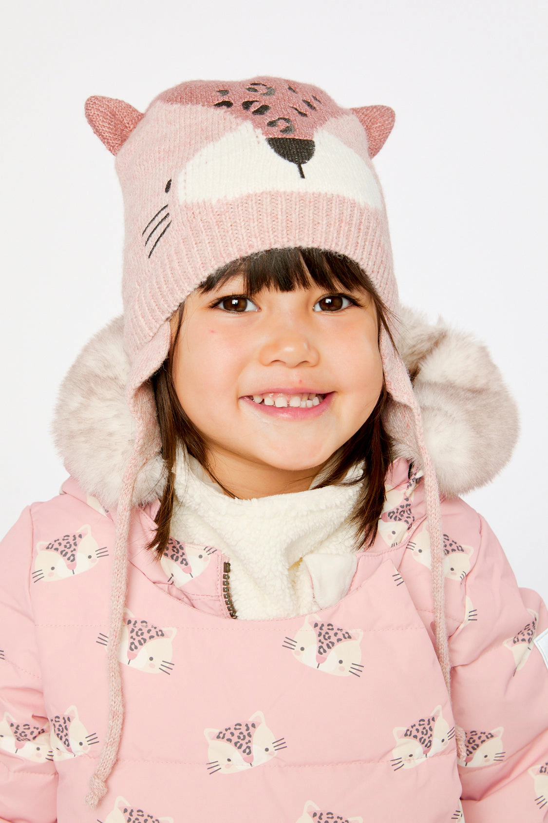 Deux par Girls Leopard Winter Knit Hat with Ear Flaps and Ears