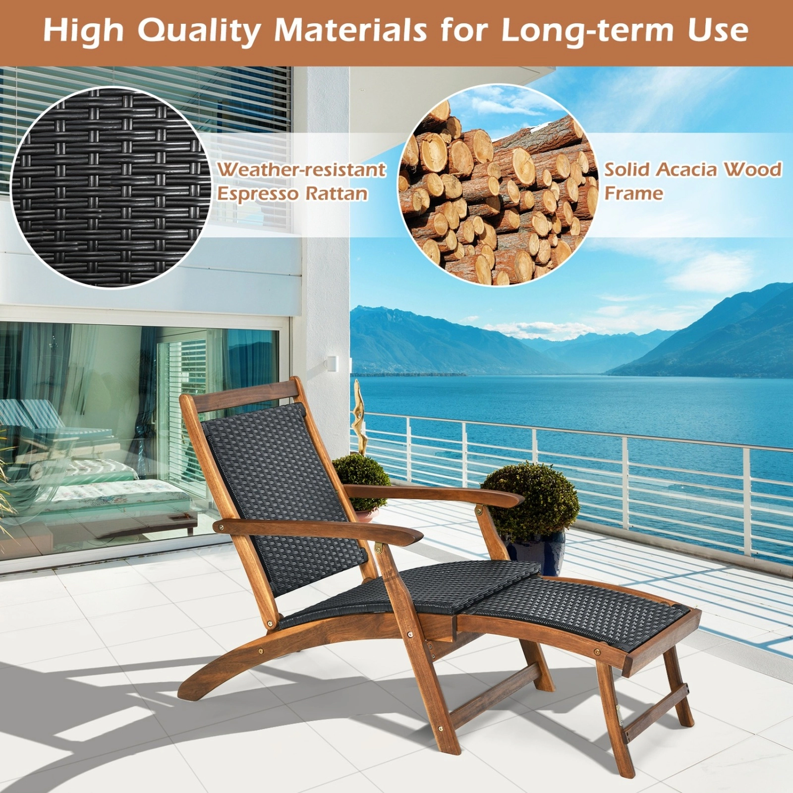 SUGIFT Folding Lounge Chair with Retractable Footrest 360-lb Capacity Set of 2 Mix Brown and Reddish Brown