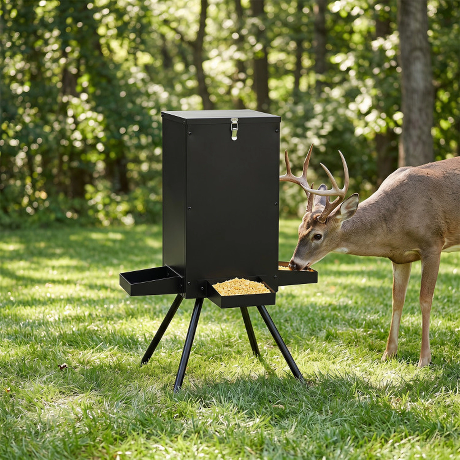 SUGIFT 90-lb Gravity Deer Feeder with 50-90 lb Hopper Capacity 4 Feeding Trays 4-Leg Stand 36-in Tall Black