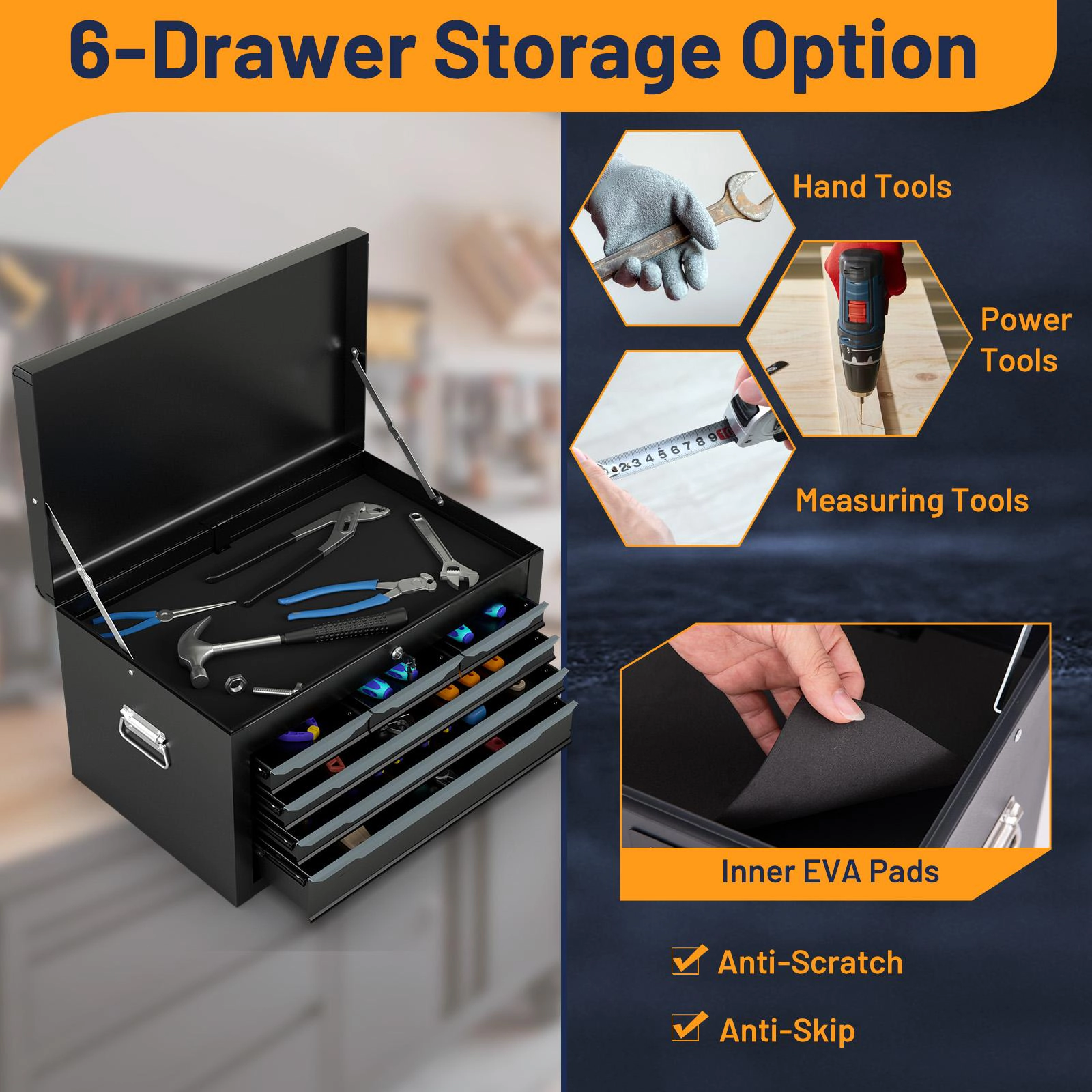 SUGIFT 6-Drawer Lockable Top Compartment Steel Tool Chest Case 24-in x 10.5-in x 14-in 120-lb Capacity Black
