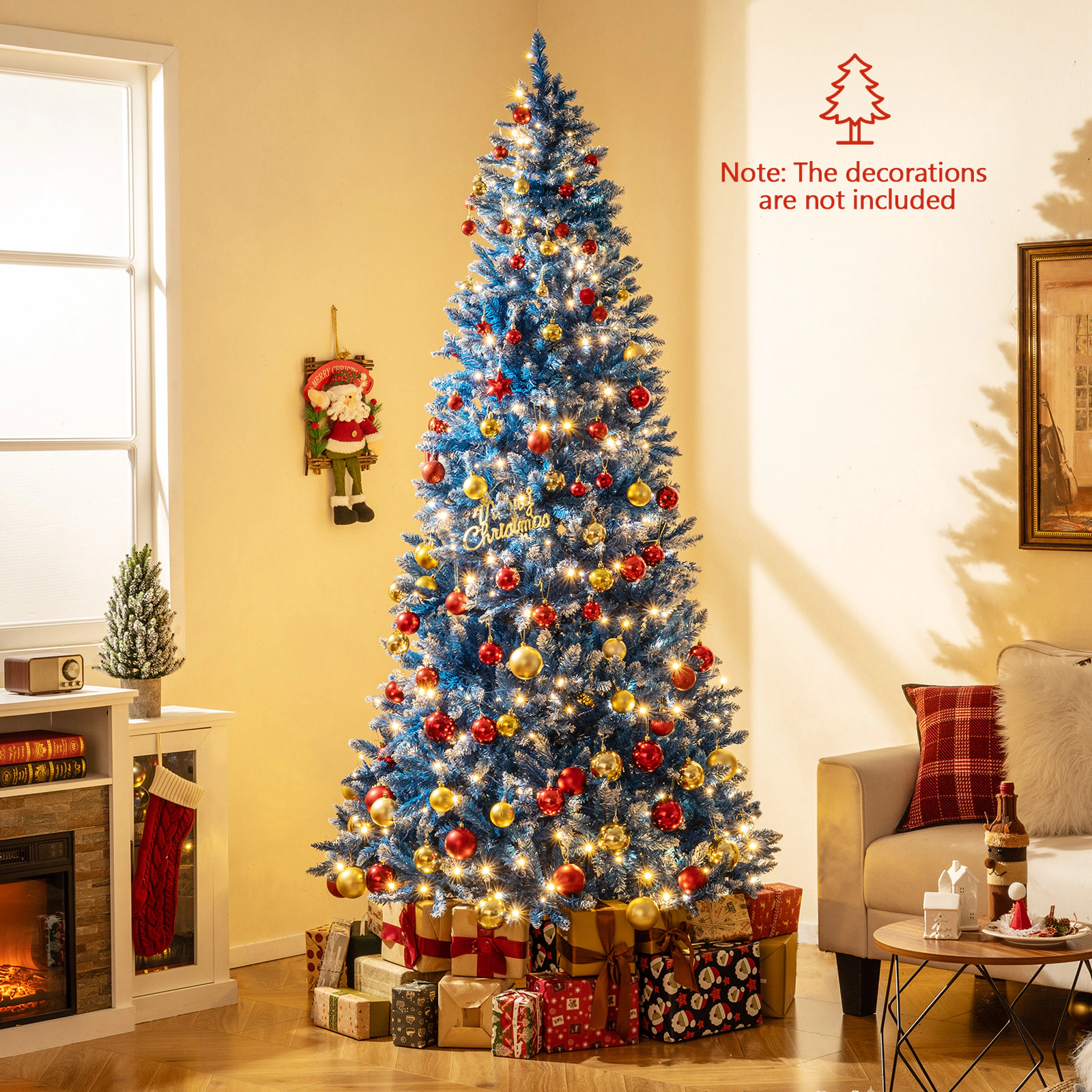 SUGIFT 8-ft Blue Pre-Lit Snowy Artificial Christmas Tree with 420 Warm White LED Lights and 1458 Tips