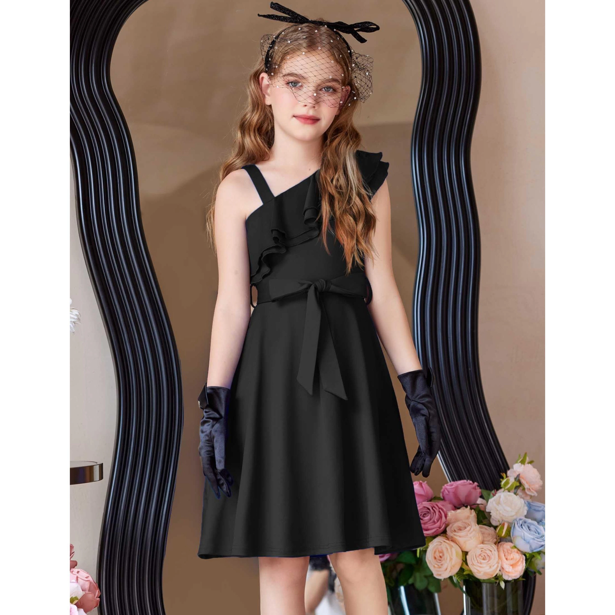 Arshiner Girls Sleeveless Ruffle Neck Aline Short Dress With Pockets