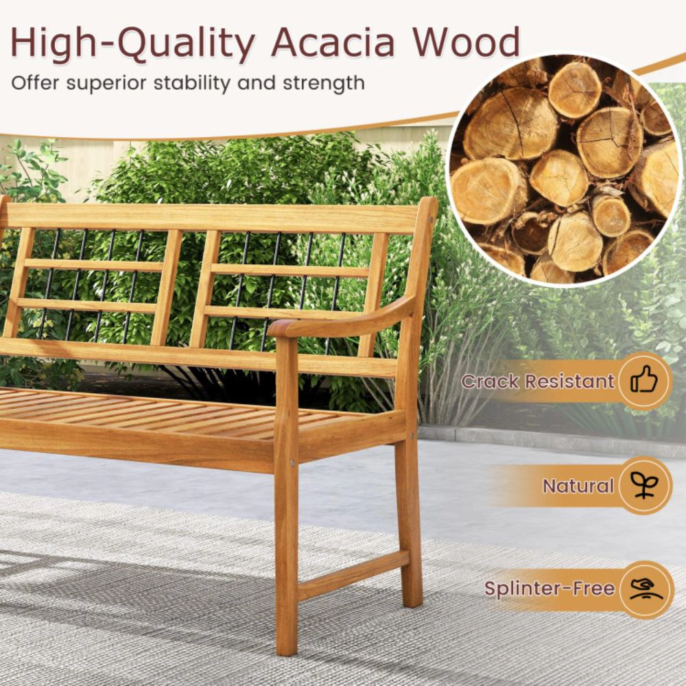 Hivvago Patio Acacia Wood Bench With Curved Armrests Slatted Seat And Backrest
