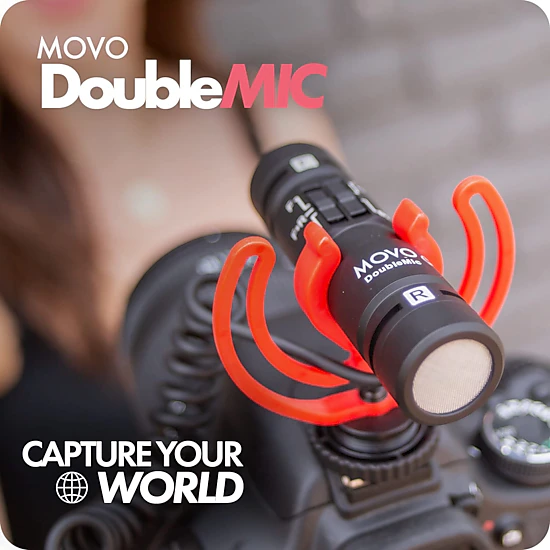 Movo DoubleMic V2 Two-Sided Shotgun Mic for Camera Vlogging - Dual Capsule External Microphone for iPhone, Android