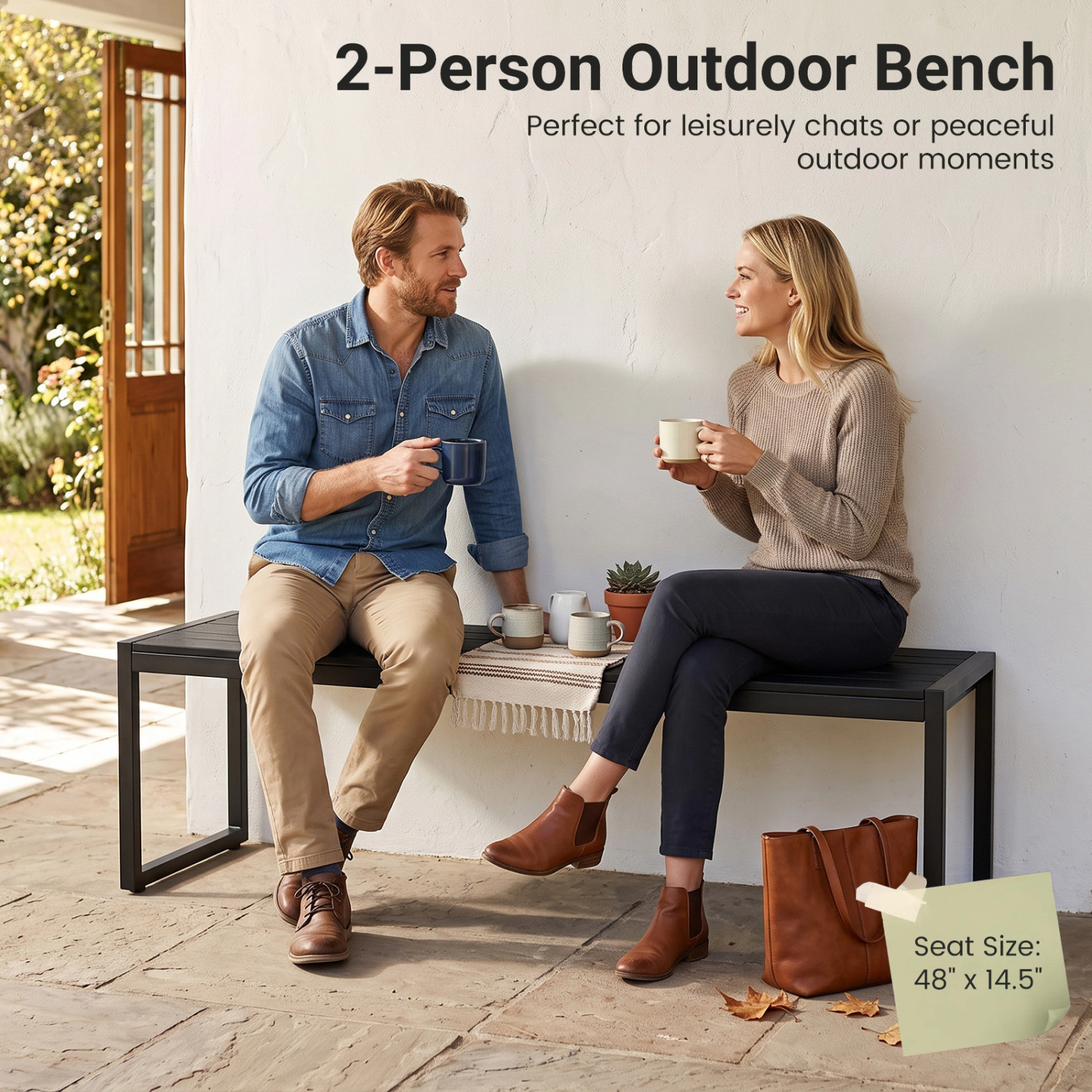 LJG 48" Outdoor Bench with Wood-Plastic Composite and Metal Frame Slatted Sea for Garden