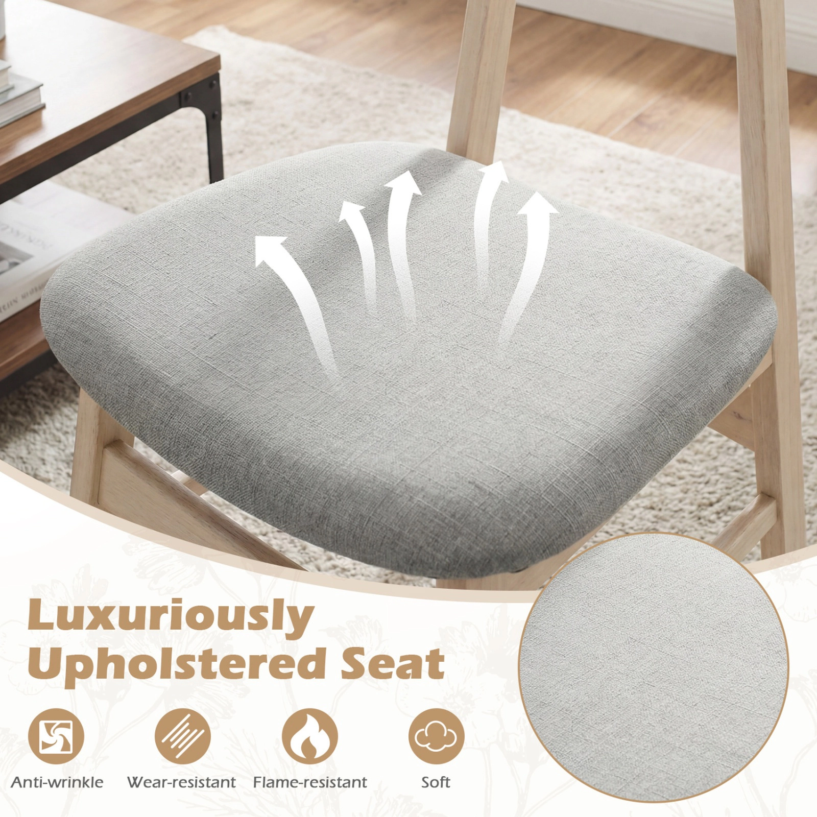 SUGIFT Set of 2 Natural Upholstered Armless Dining Chairs with Ergonomic Curved Seat and Backrest