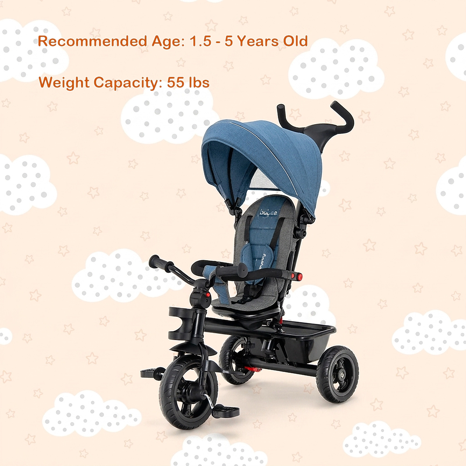 SUGIFT 4-in-1 Baby Tricycle Toddler Trike Convertible Seat Full Size Stroller 55-lb Capacity Ages 1.5-5 Years Blue