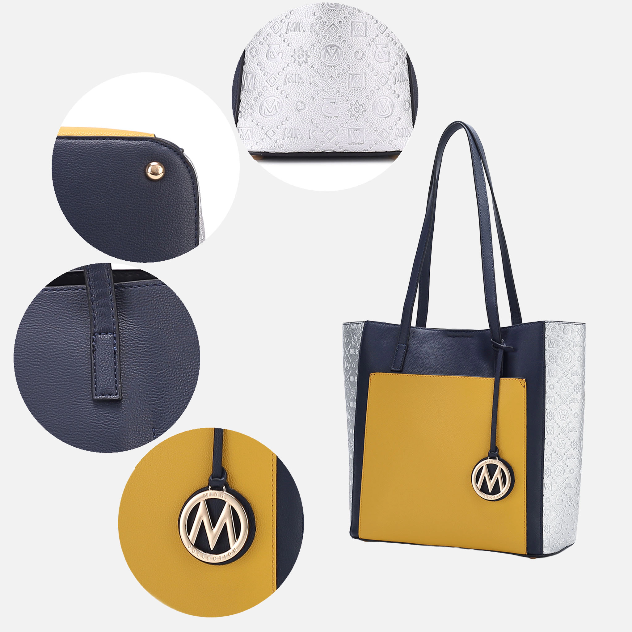 Mia K Collection Leah Color Block Vegan Leather Tote - Magnetic Snap, Zip Pocket, Metal Feet