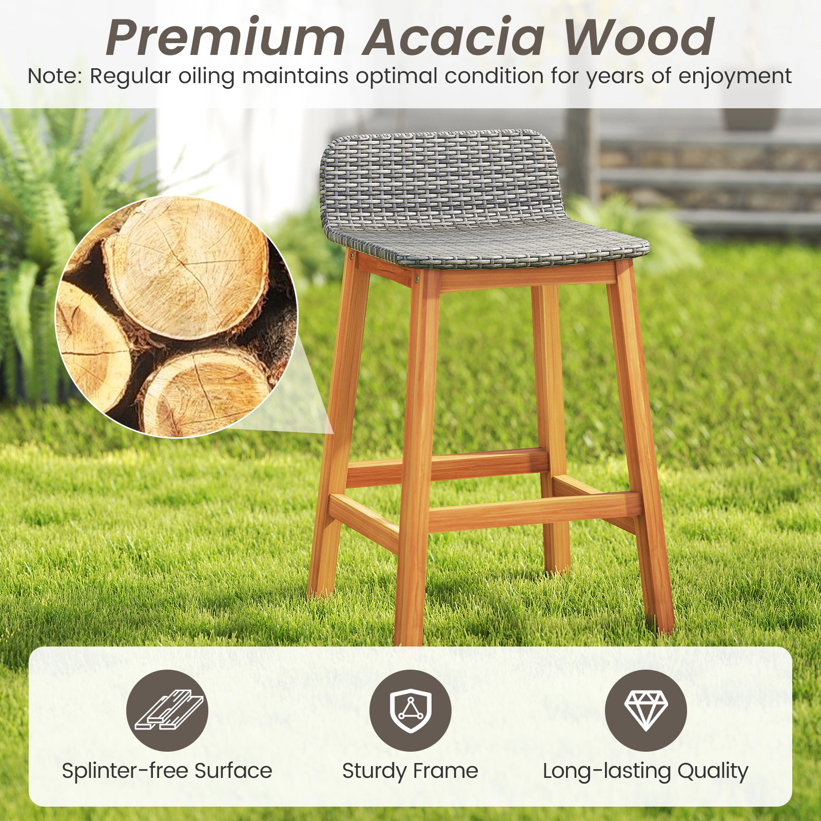 SUGIFT Outdoor Bar Stool Chair Set 400-lb Capacity 26-in Seat Height Natural