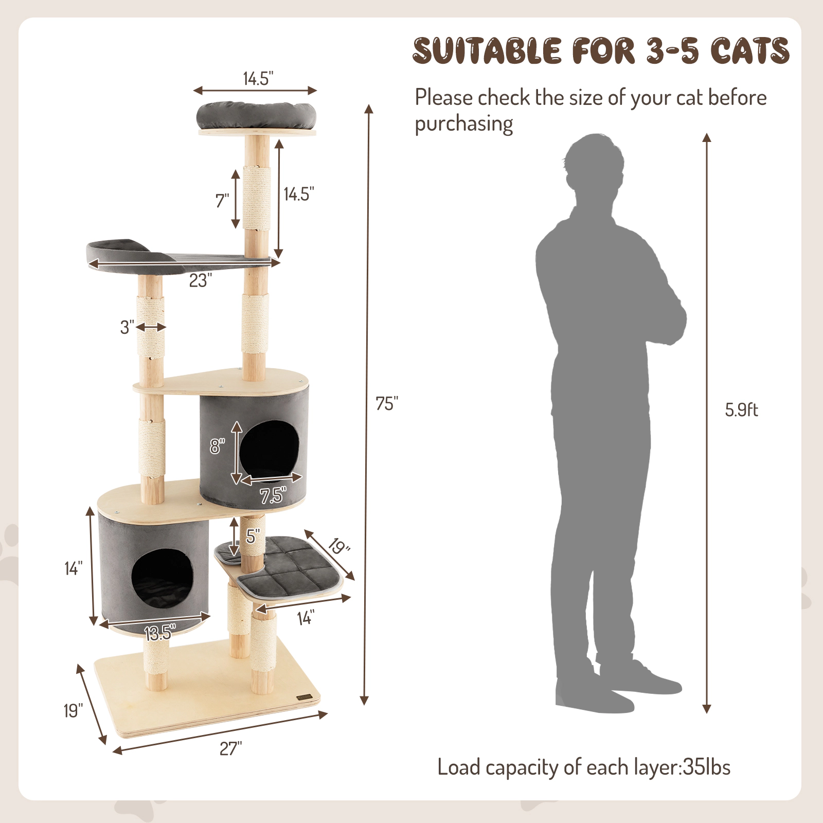 SUGIFT 6-Tier Wooden Cat Tree with 2 Removable Condos Platforms and Perch 35-lb Capacity 75-in Tall Natural & Gray