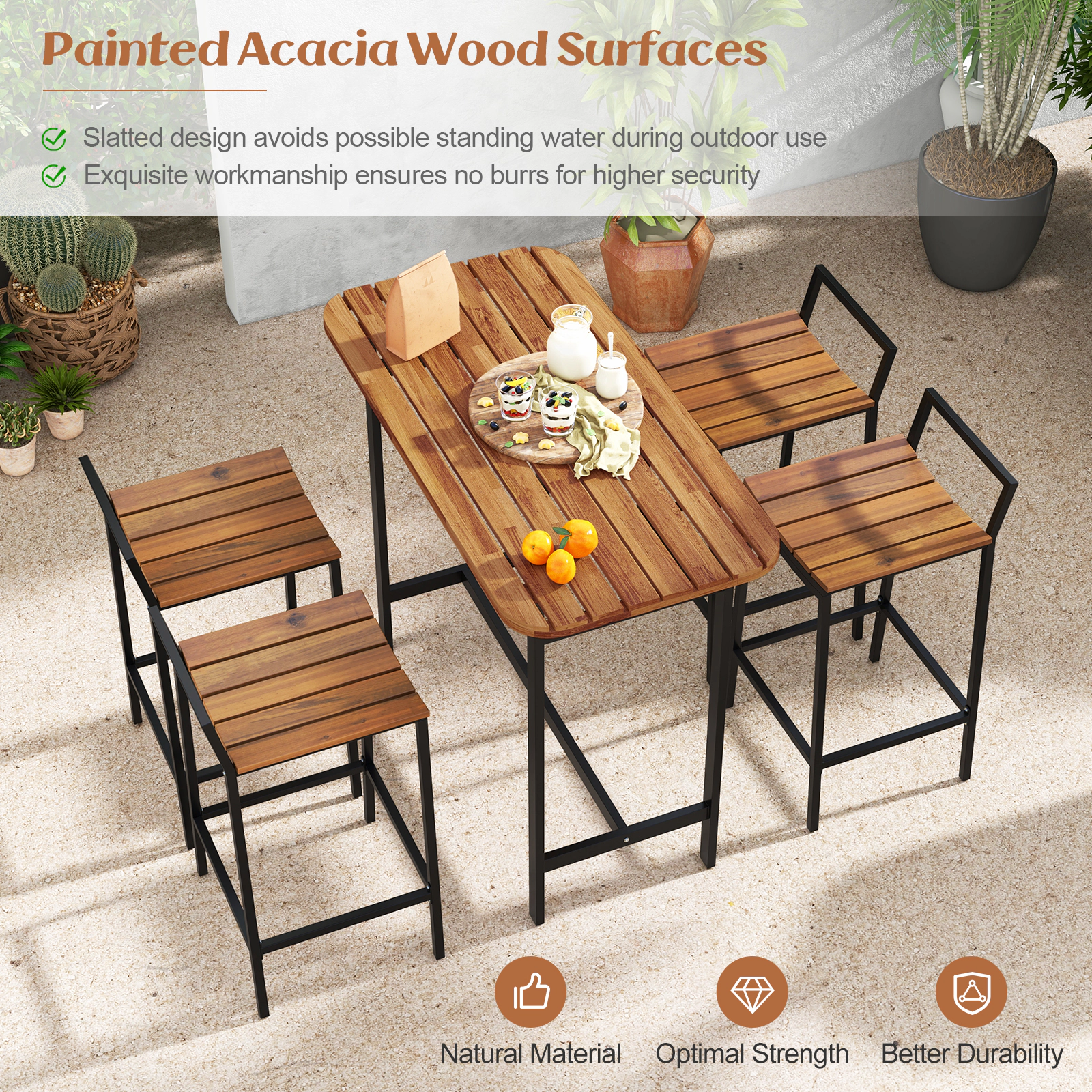 SUGIFT 5 Piece Acacia Wood Bar Set Natural with 47.5 in Bar Table and 4 Chairs
