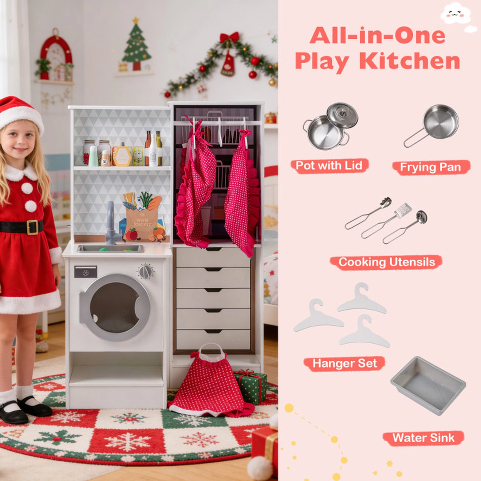 SUGIFT White Water Dispenser Range Hood and Cookware Dual-Sided Kids Play Kitchen