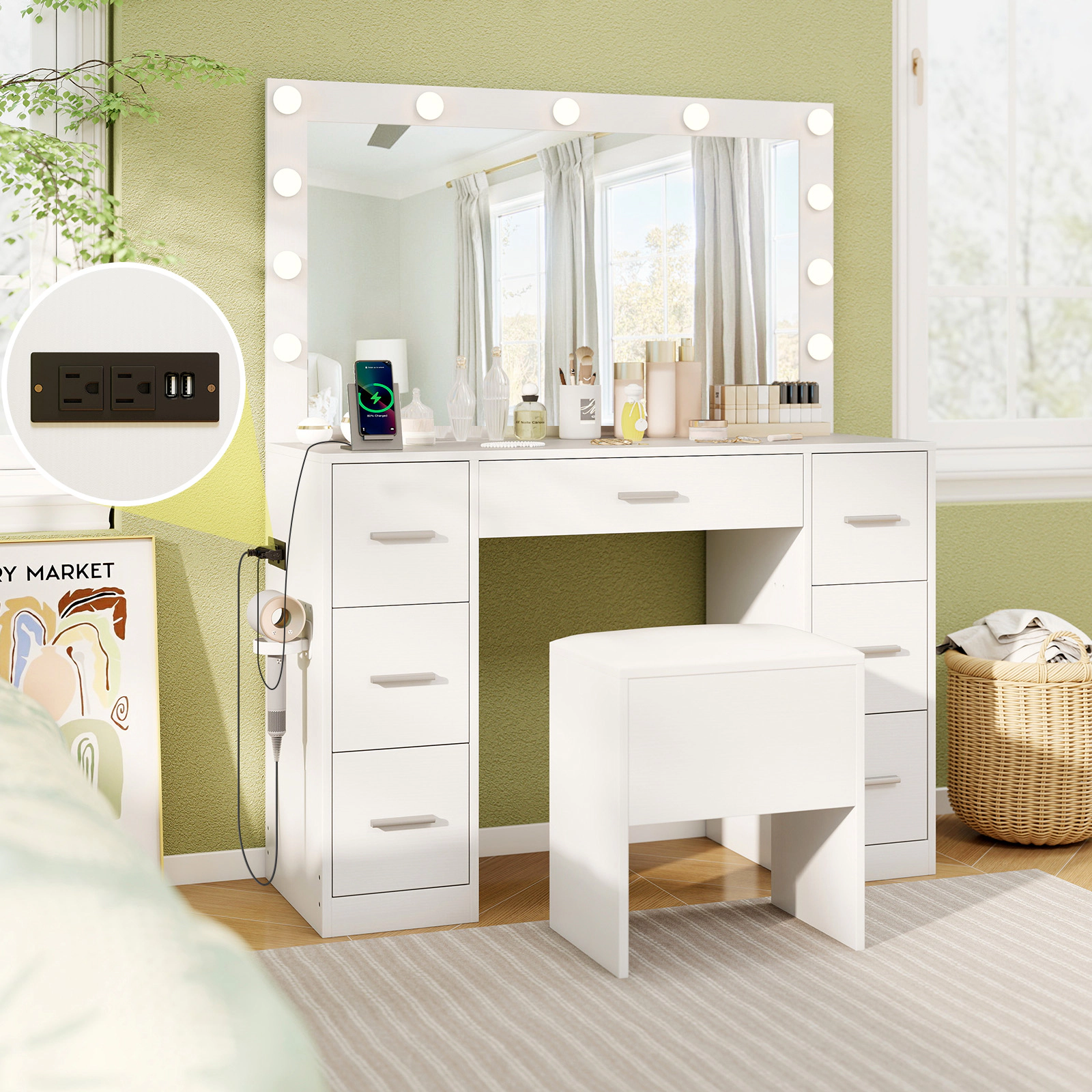 SUGIFT White Makeup Vanity Desk Set with Lighted Mirror, 7 Drawers and Storage Stool