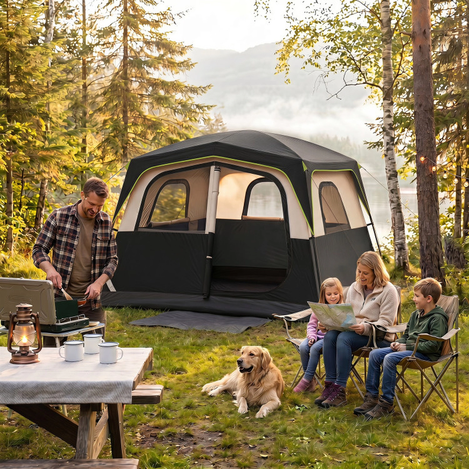SUGIFT 6-Person Black Cabin Camping Tent with Top Rainfly and 3 Mesh Windows 10-ft W 9-ft D 7-ft H