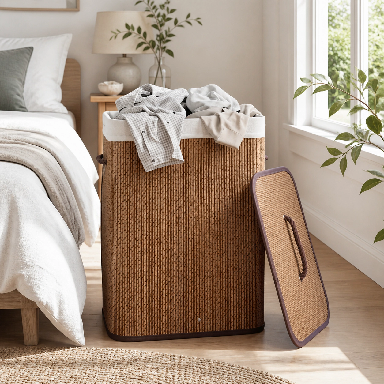 SUGIFT Brown 19-gal Bamboo Clothes Hamper with One-Hand Lid Handle Removable Liner and Side Handles