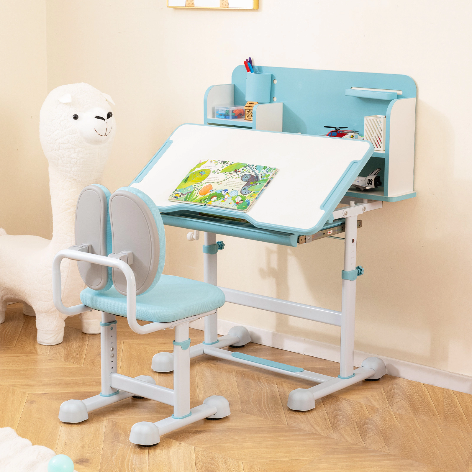 SUGIFT Tilting Kids Study Desk and Chair Set 176-lb Desktop Capacity 220-lb Chair Capacity Ages 3+ Blue/Gray