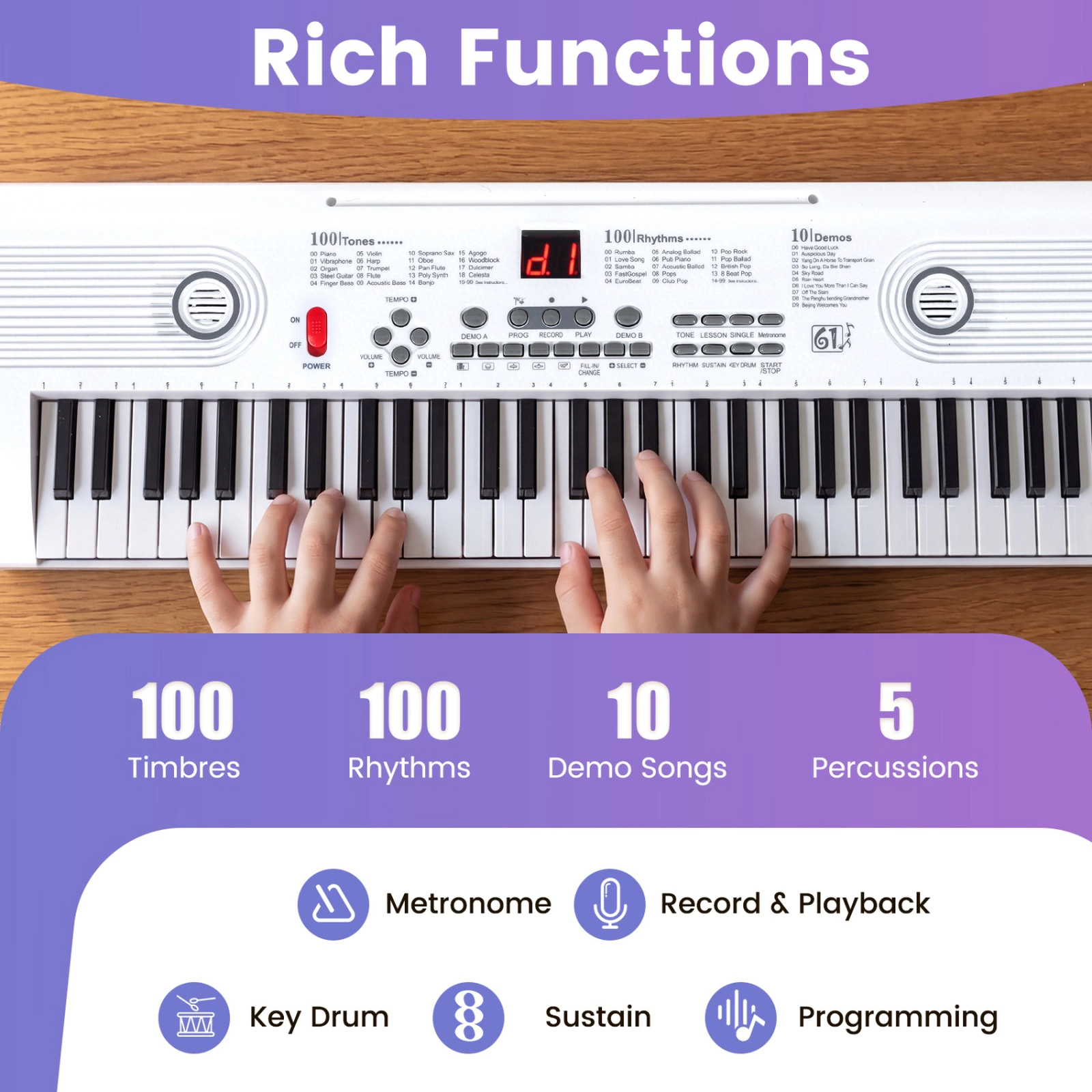SUGIFT White 61-Key Portable Electric Digital Keyboard Piano with Mic Input Earphone Output and Carry Bag