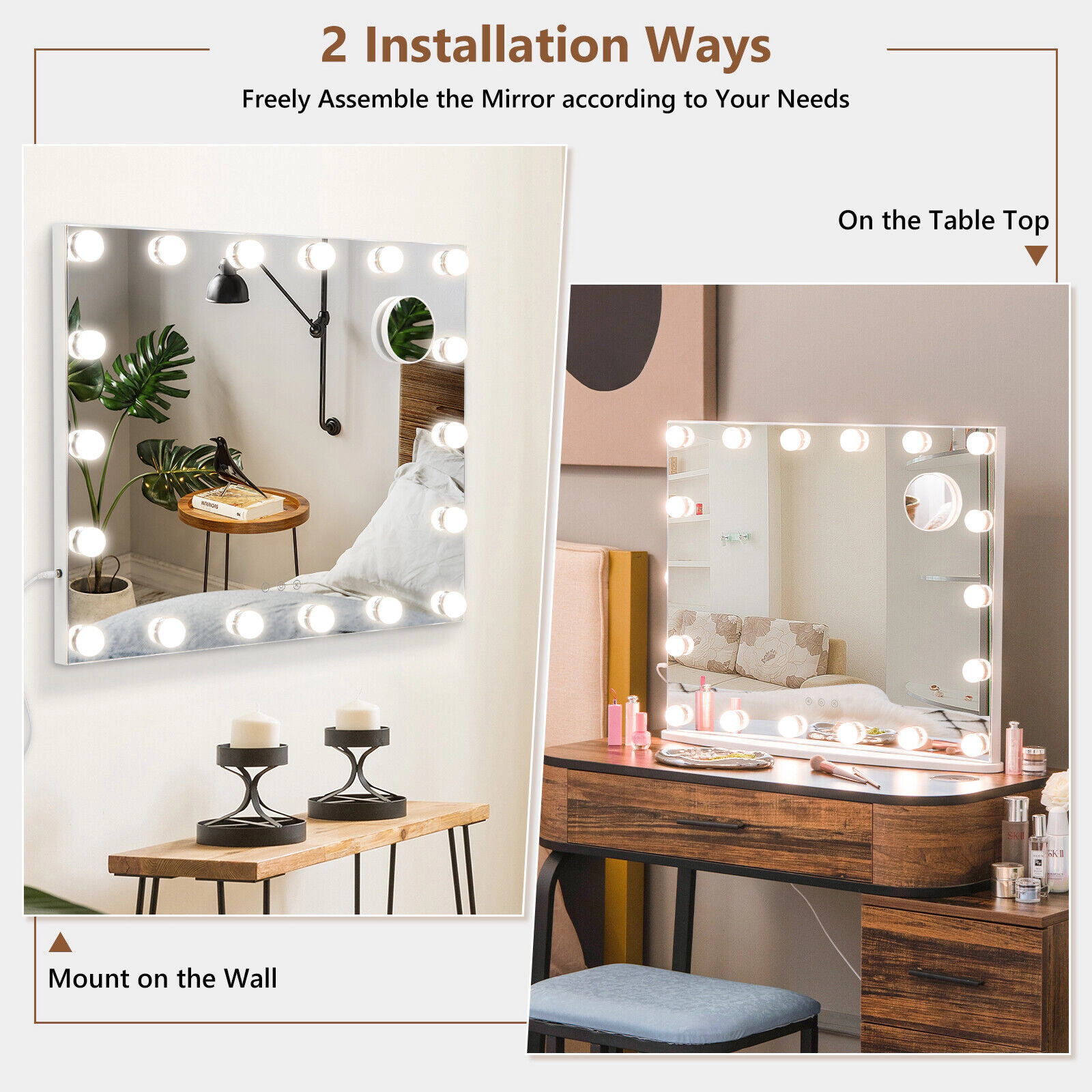 Slickblue 25.5 Inch LED Vanity Makeup Mirror with 18 LED Bulbs, 3 Light Modes and 3X Magnifying Mirror
