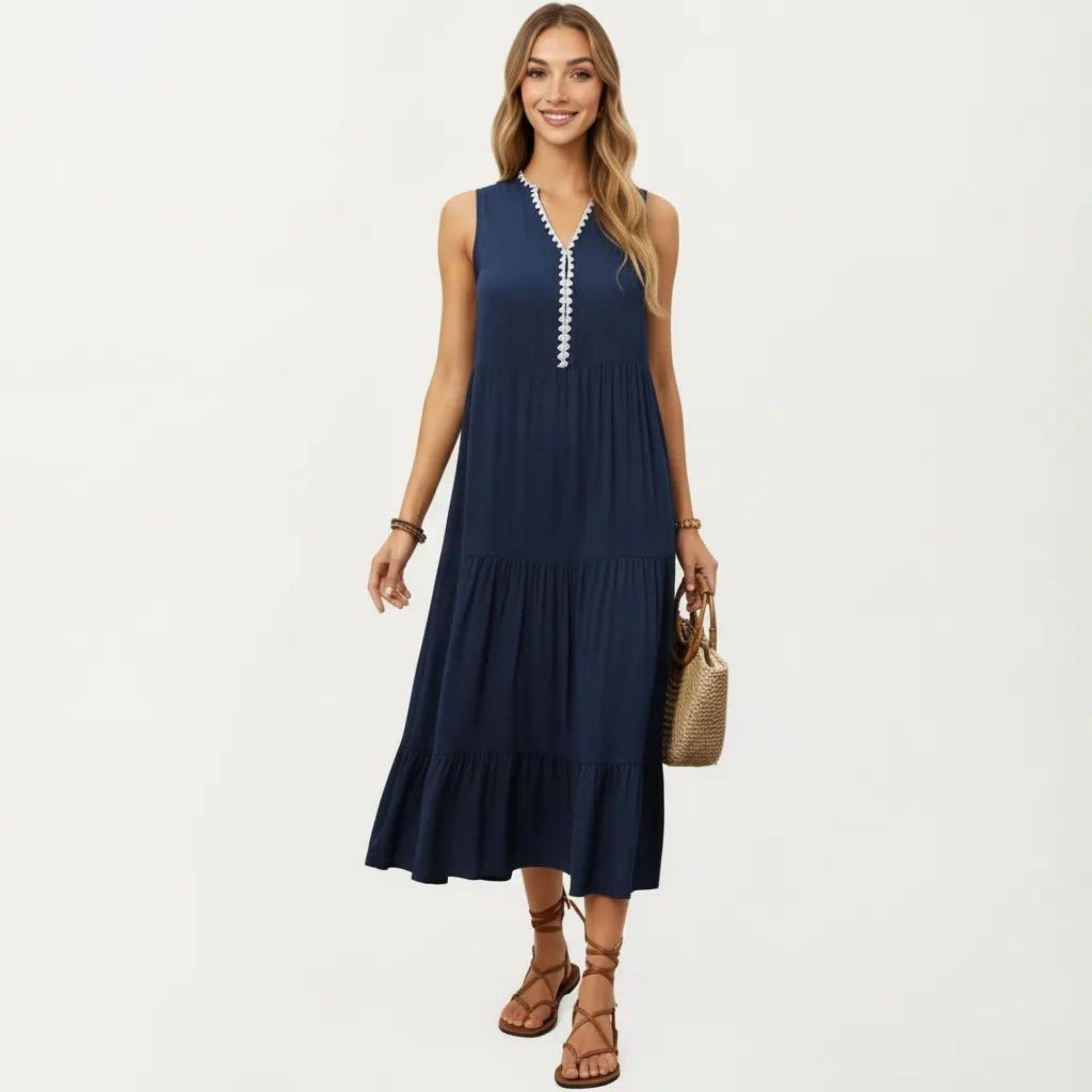 Anna-Kaci Women's Sleeveless V Neck Contrast Trim Detail Tiered Skirt Relaxed Flowy Fit Midi Dress