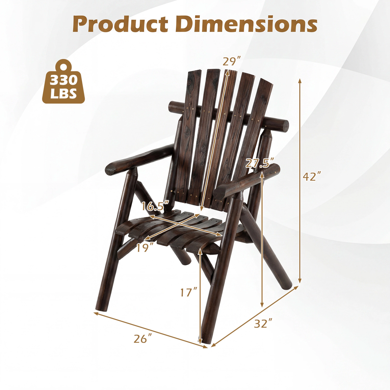 LJG Log Wood Patio Chair with Slatted Backrest for Deck Backyard