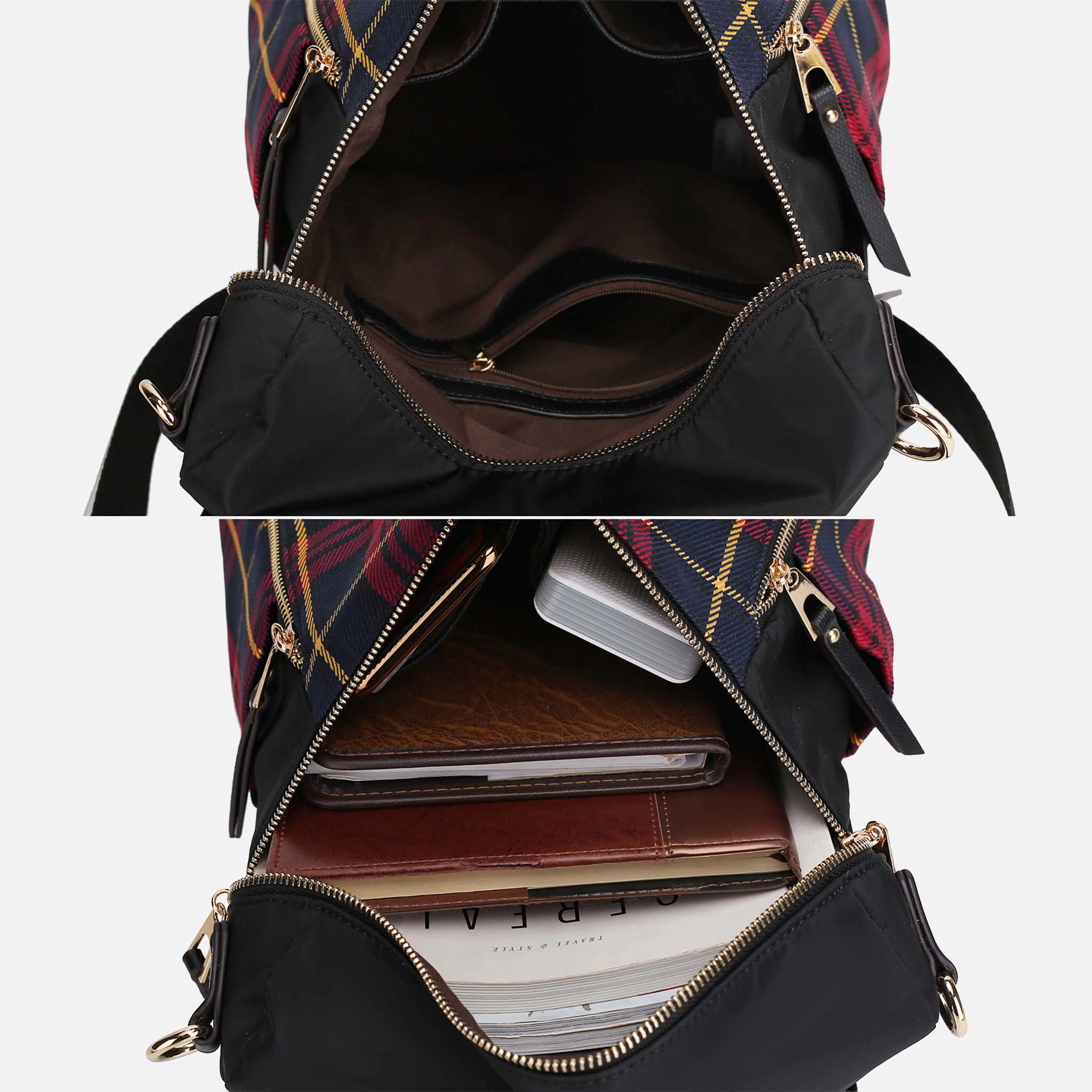 Mia K Collection Nishi Plaid Nylon Backpack with Removable Shoulder Strap - Mustard