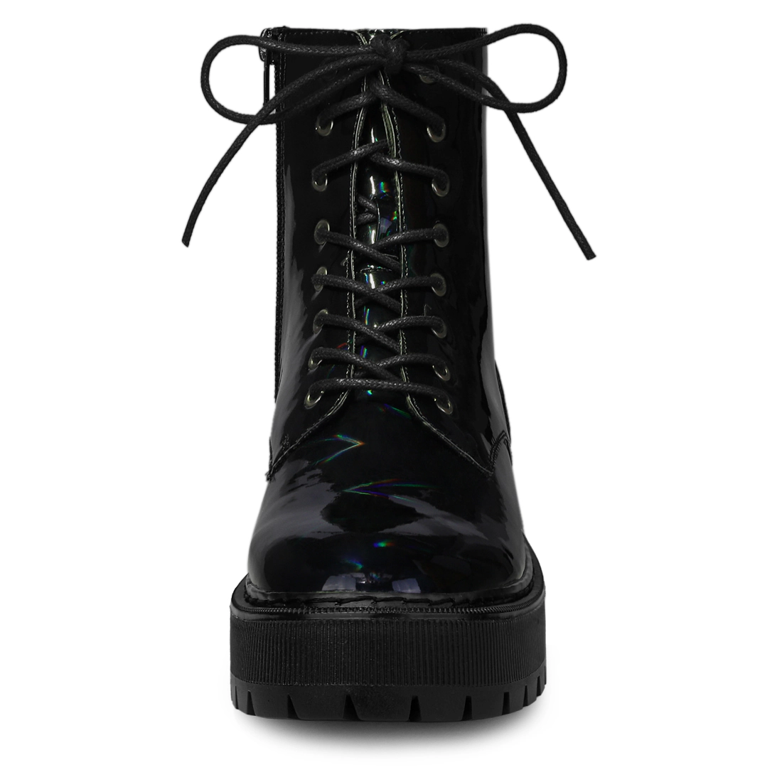 BLISSFUL STEP Women Faux Leather Round Toe Platform Flat Heels Combat Boots