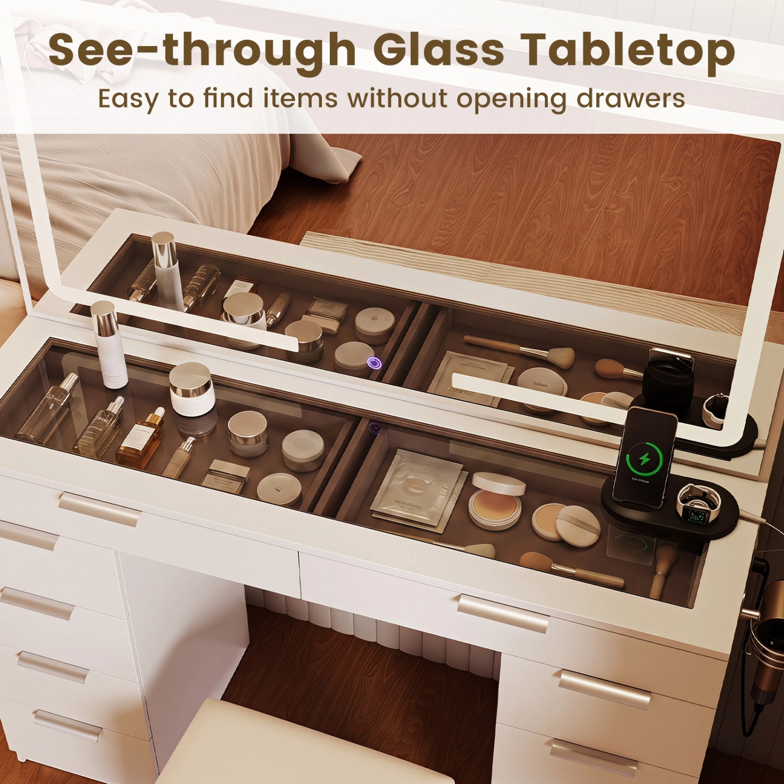 SUGIFT 46 in Vanity Desk White with Lighted Mirror Stool and Charging Station