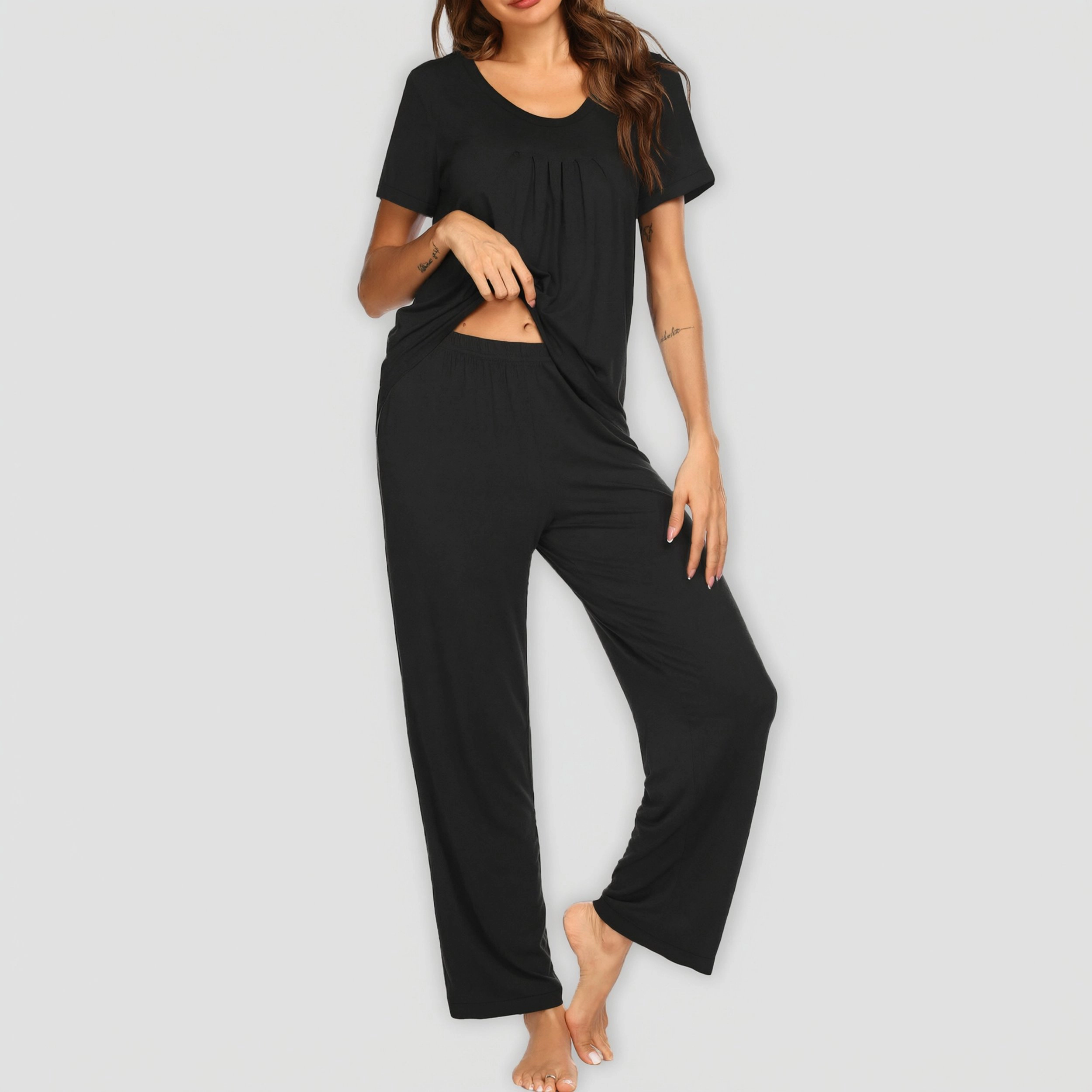 Ekouaer Pajama Set for Women 2 Piece Sleepwear Short Sleeve Pleated Top and Long Pants Soft