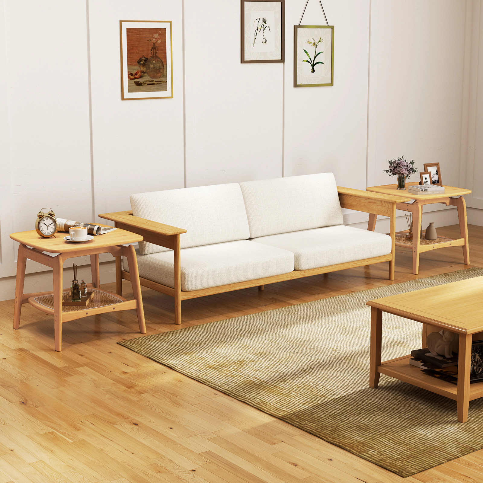 Glintex Boho Bamboo Side Table with Woven Faux Rattan Shelf and Curved Frame, Natural