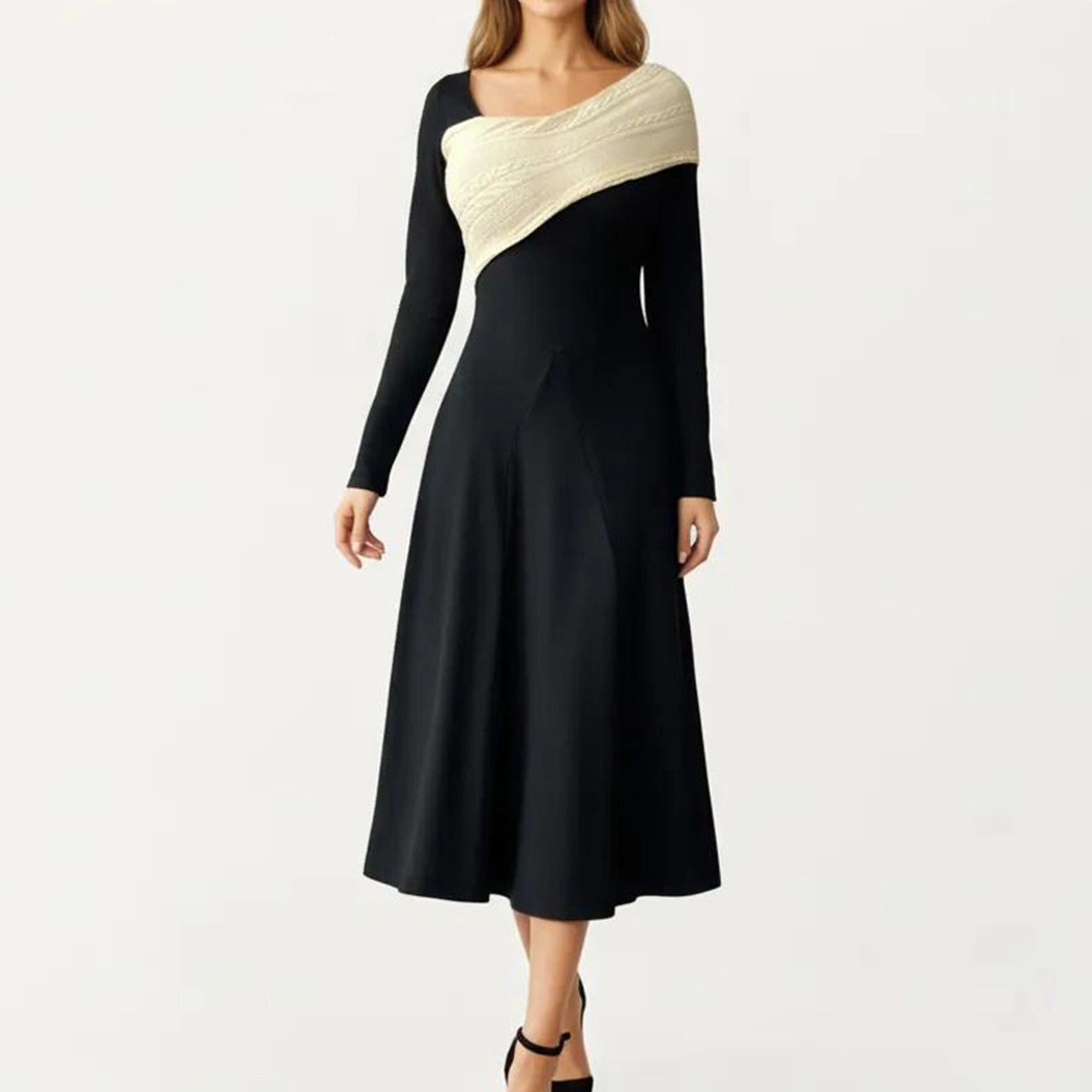 Anna-Kaci Women's Black Off Shoulder Knit Detail Long Sleeve Midi Dress