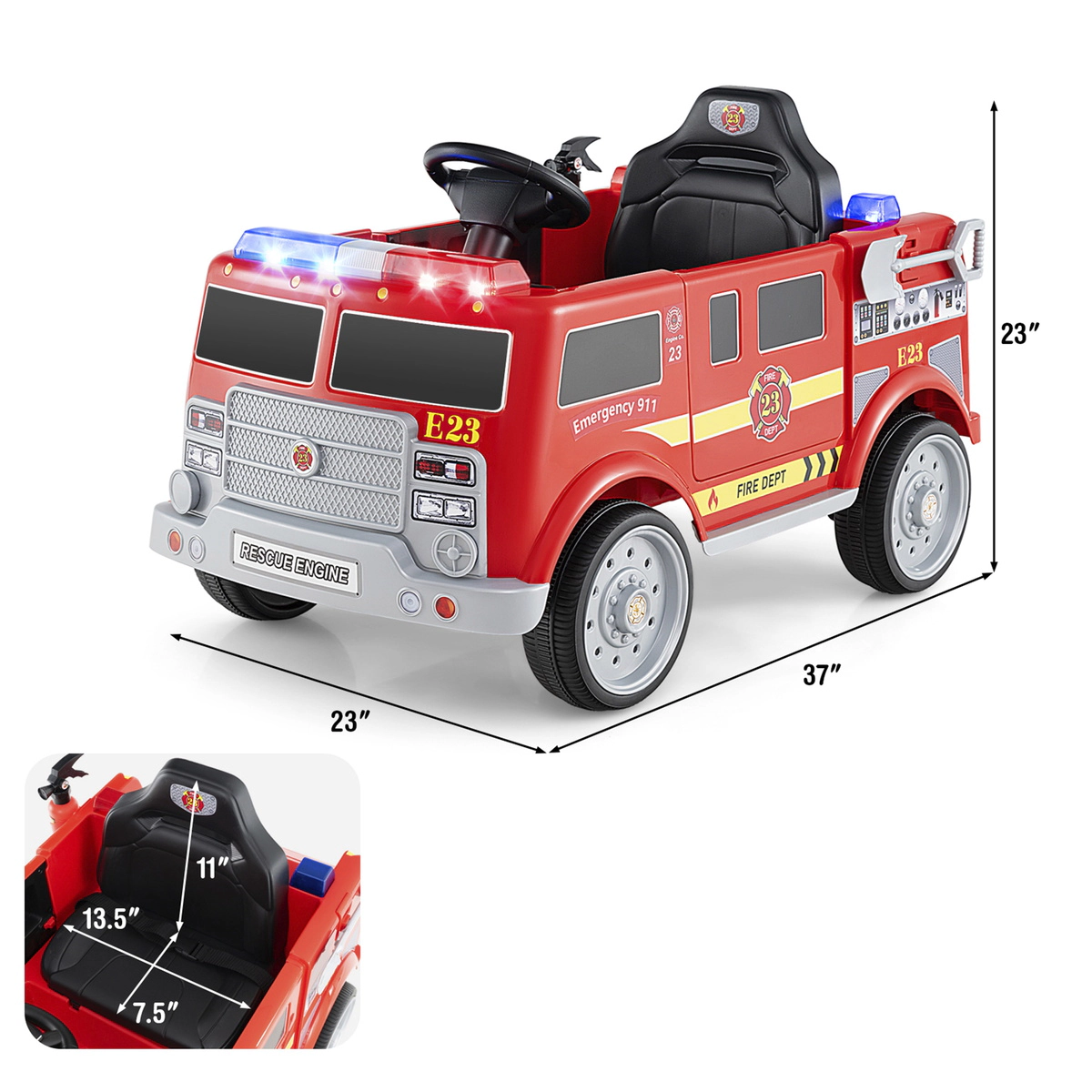 SUGIFT Kids Ride On Fire Truck with Remote Control and Extinguisher 66-lb Capacity Ages 3-8 Years 37-in Body Red