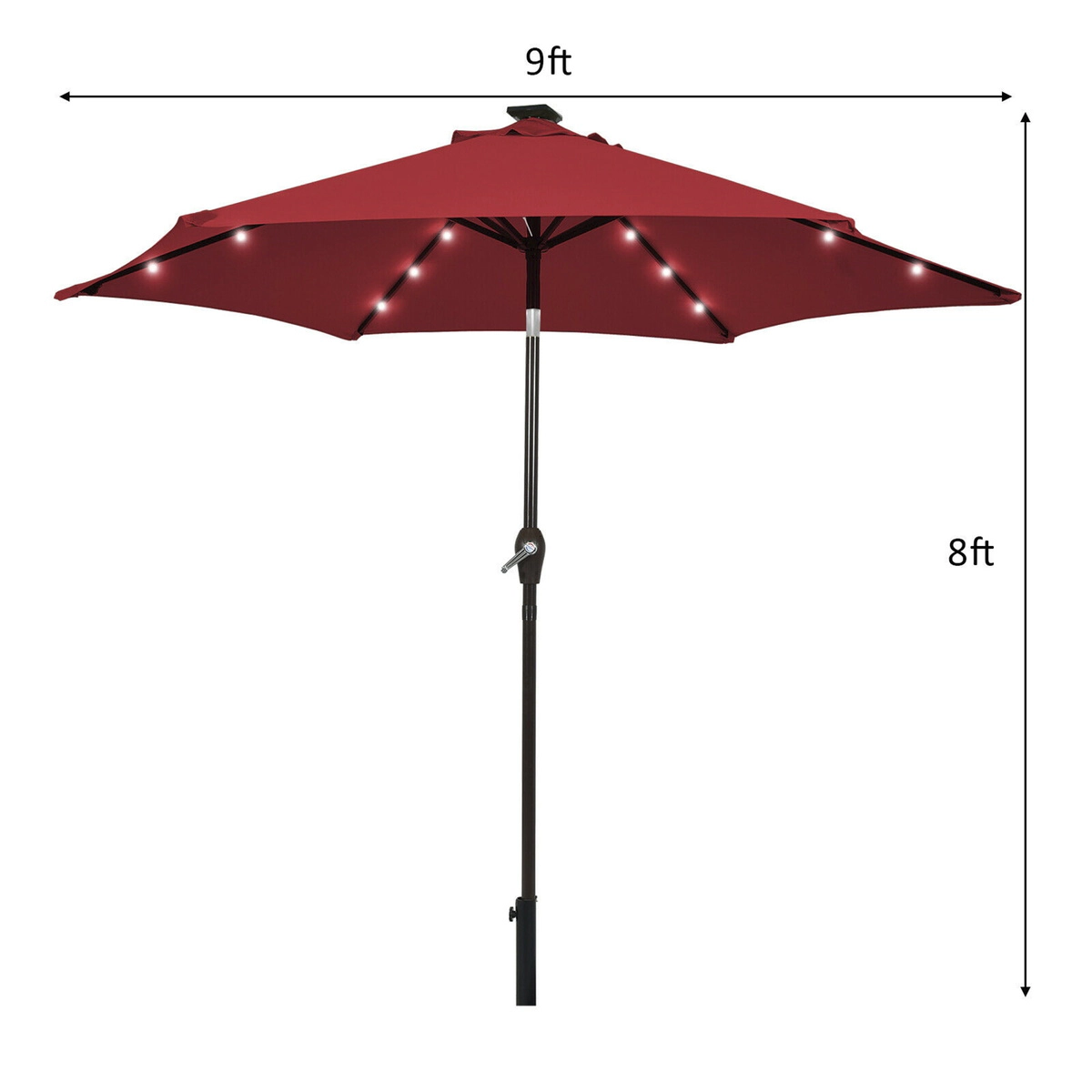 SUGIFT 9-ft Solar LED Lighted Patio Market Umbrella with Crank Lift and Tilt 6-Rib 18-Light Canopy Dark Red