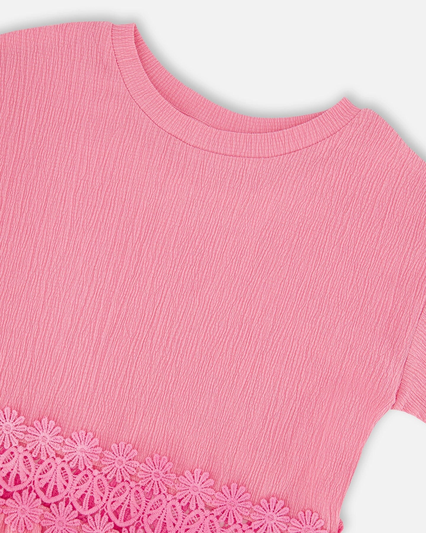 Deux par Girls Crinkle Jersey Long T-Shirt with Crochet Insert