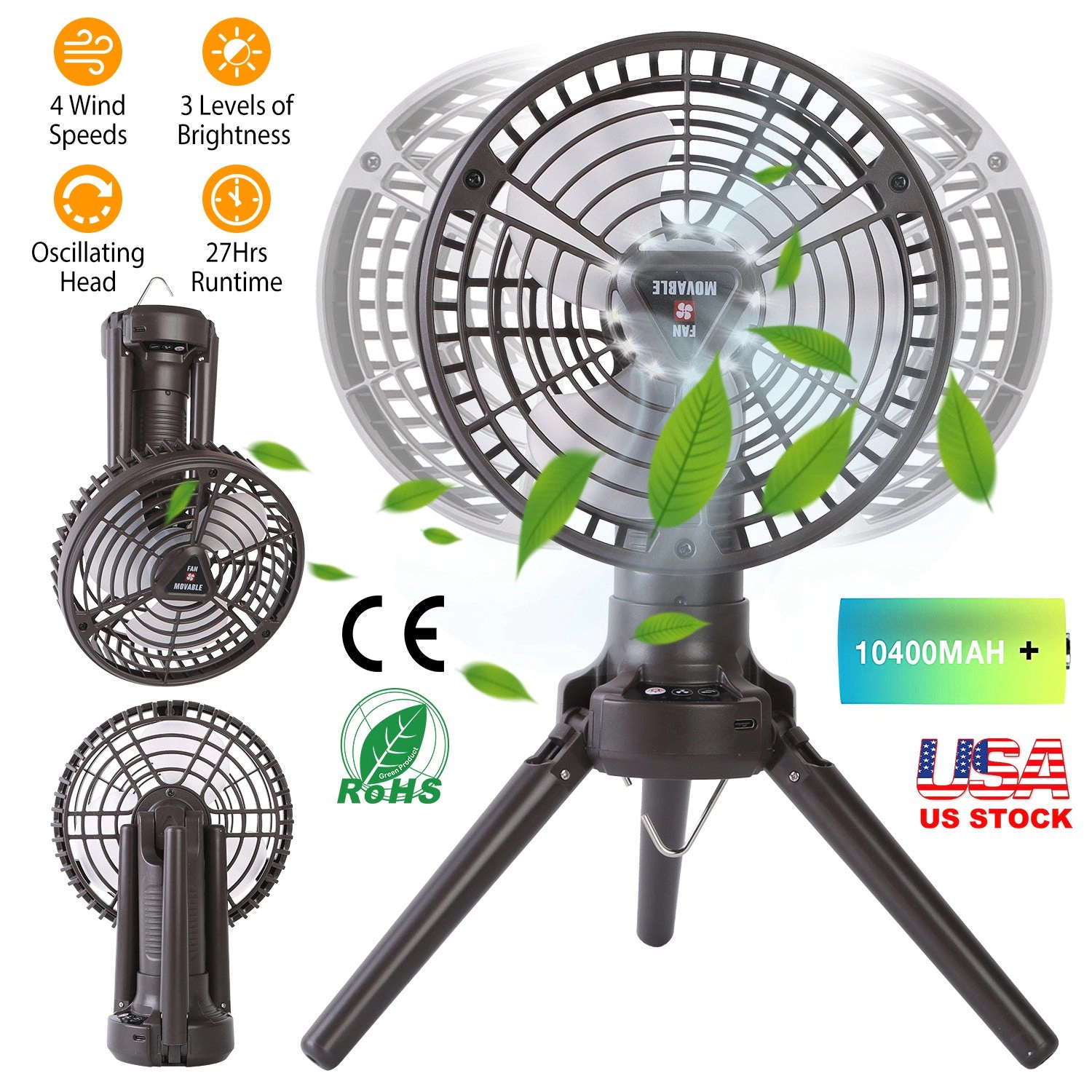 GBruno 10400mAh Rechargeable Camping Fan With LED Light
