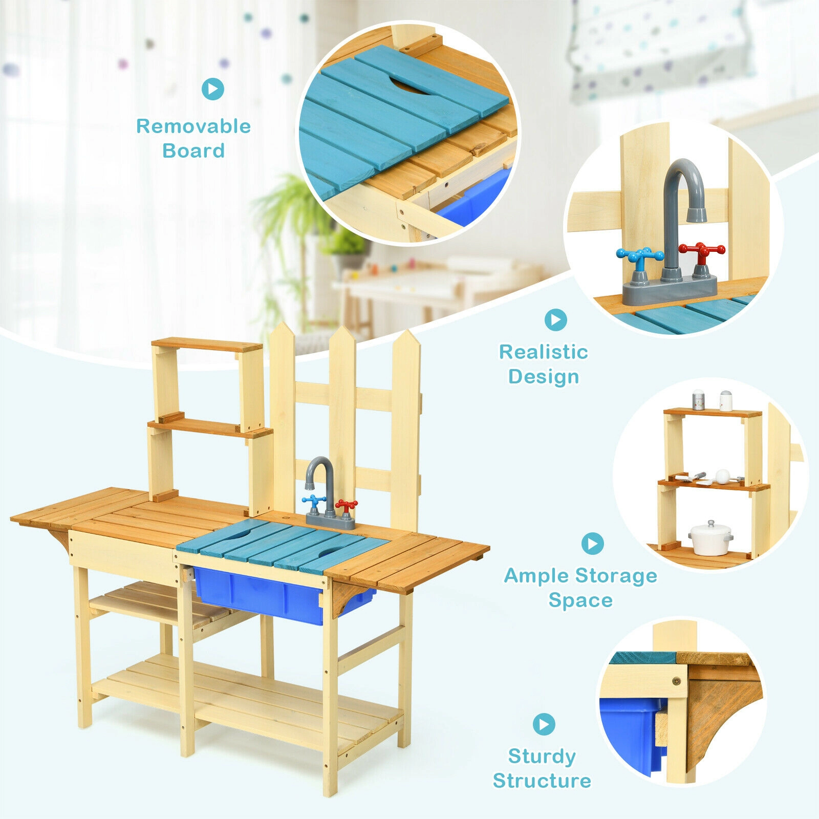 SUGIFT Outdoor Fir Wood Pretend Cook Kitchen Playset with Sink and Faucet 39.5-in Tall Ages 3+ As shown in the figure