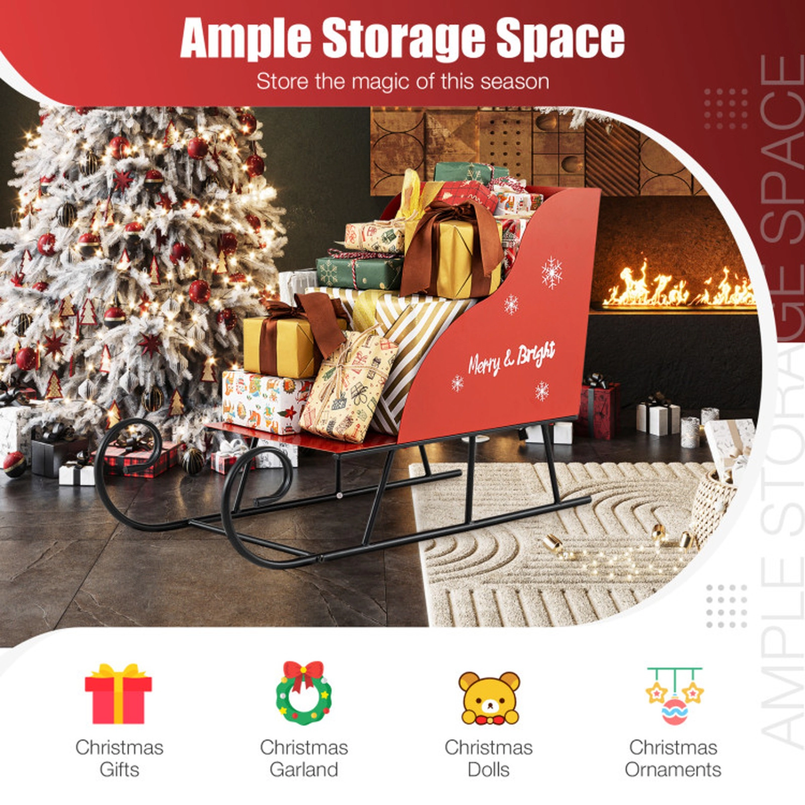 SUGIFT Red and Black 29-in Metal Christmas Santa Sleigh Basket for Gift Garland and Ornament Storage