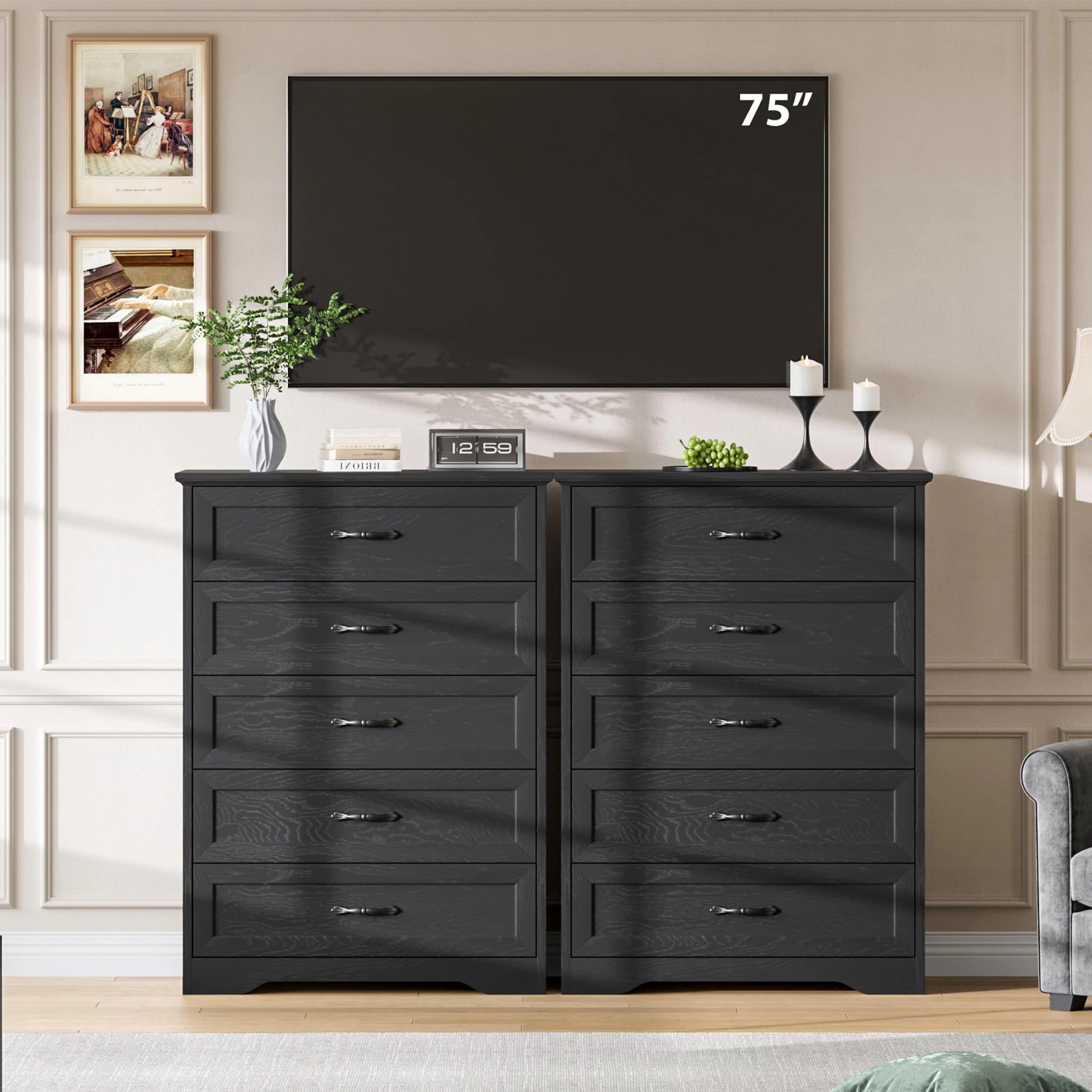 Farmhouse 5 Drawer Dresser with Metal Handles, 44" Tall Wooden Storage Cabinet for Bedroom Living Room