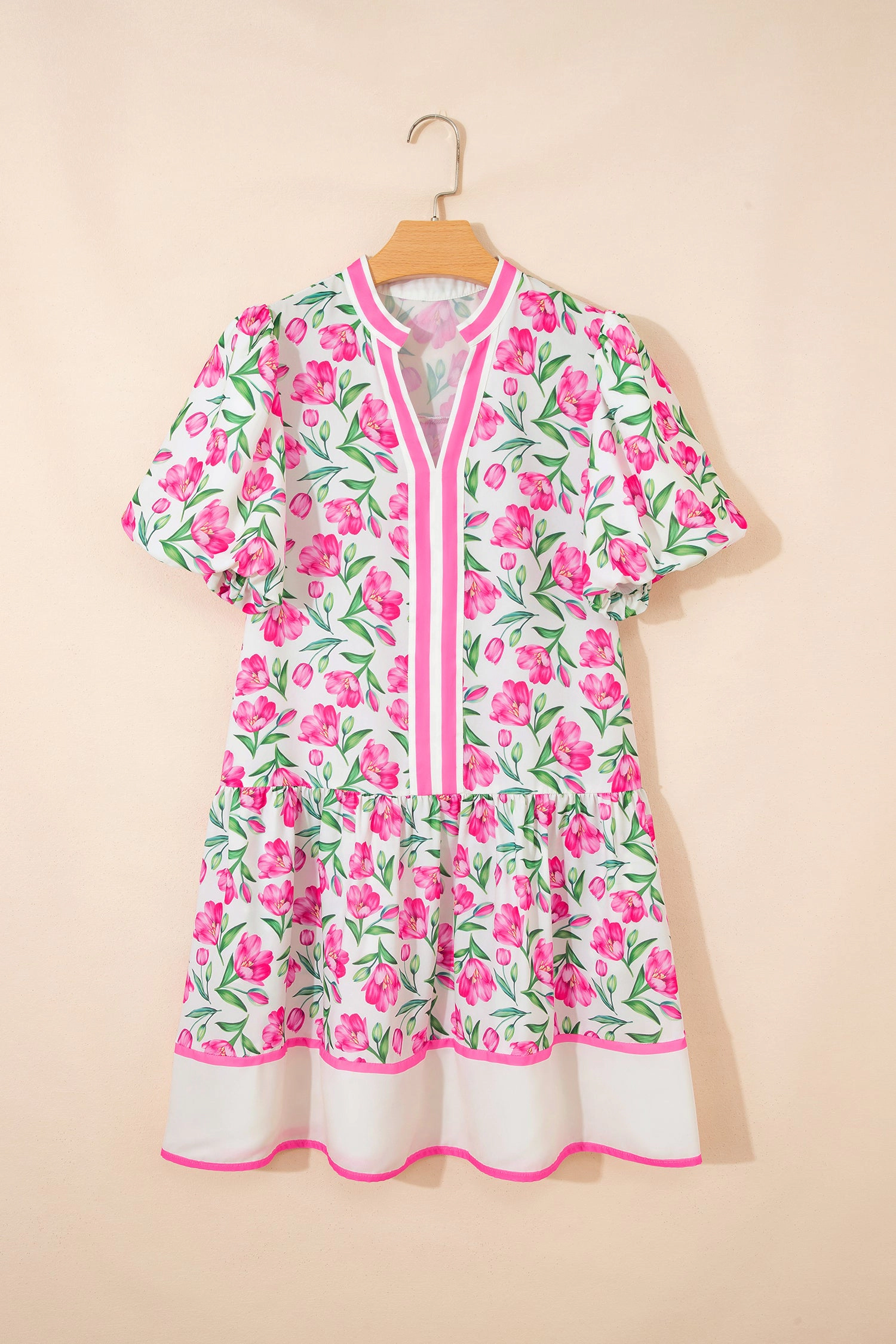 Threaded Pear Womens Aliya Block Trim Short Dress - Floral V-Neck Puff Sleeve Mini
