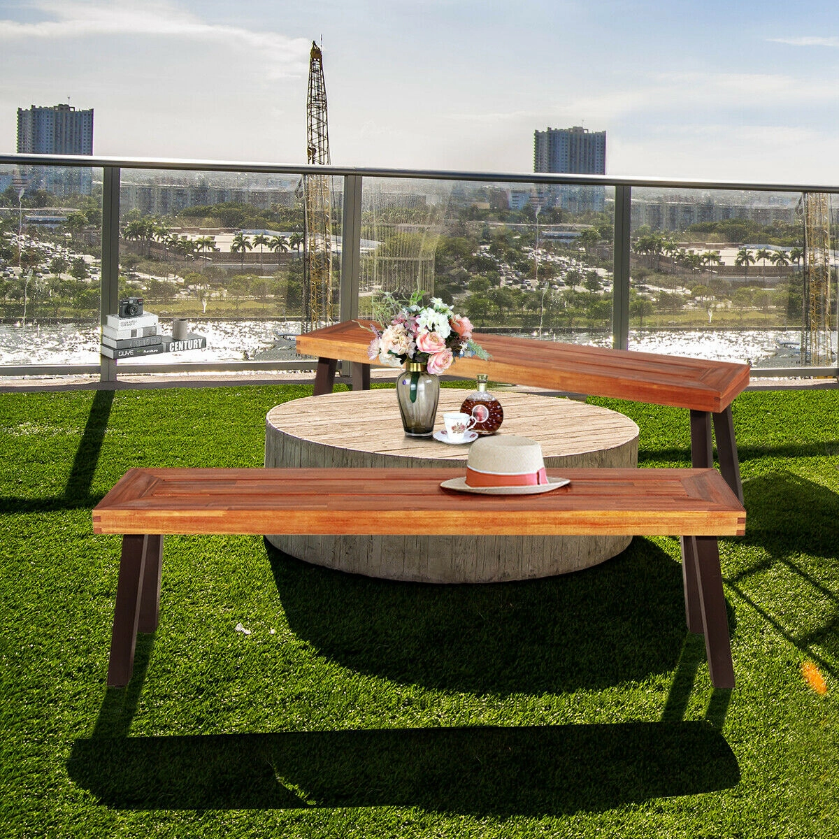 LJG Set of 2 Patio Acacia Wood Dining Benches