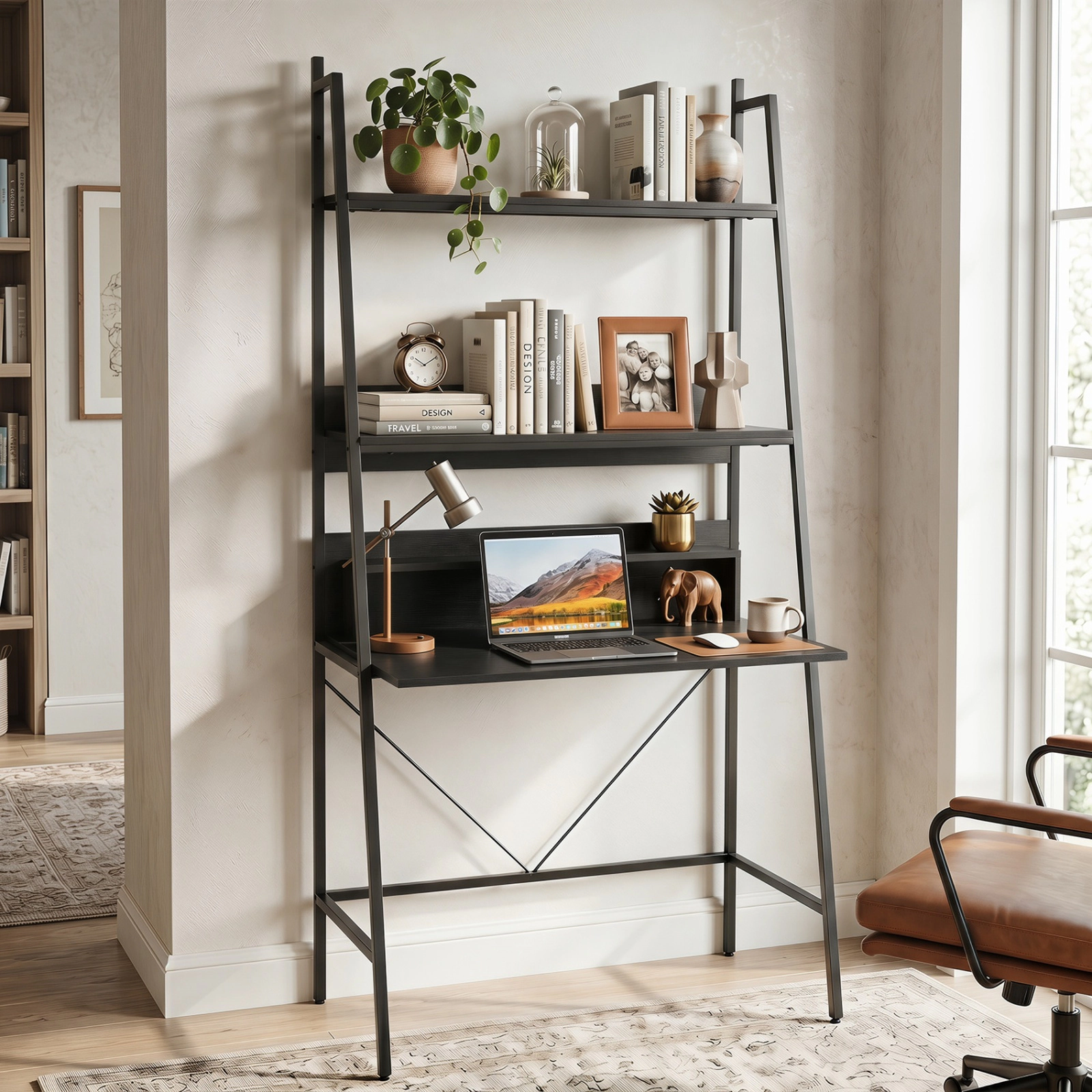 SUGIFT Two Open Shelves Anti-Tip Kit Metal Frame Industrial Ladder Desk 34-in x 20-in x 71-in 180-lb Capacity Black