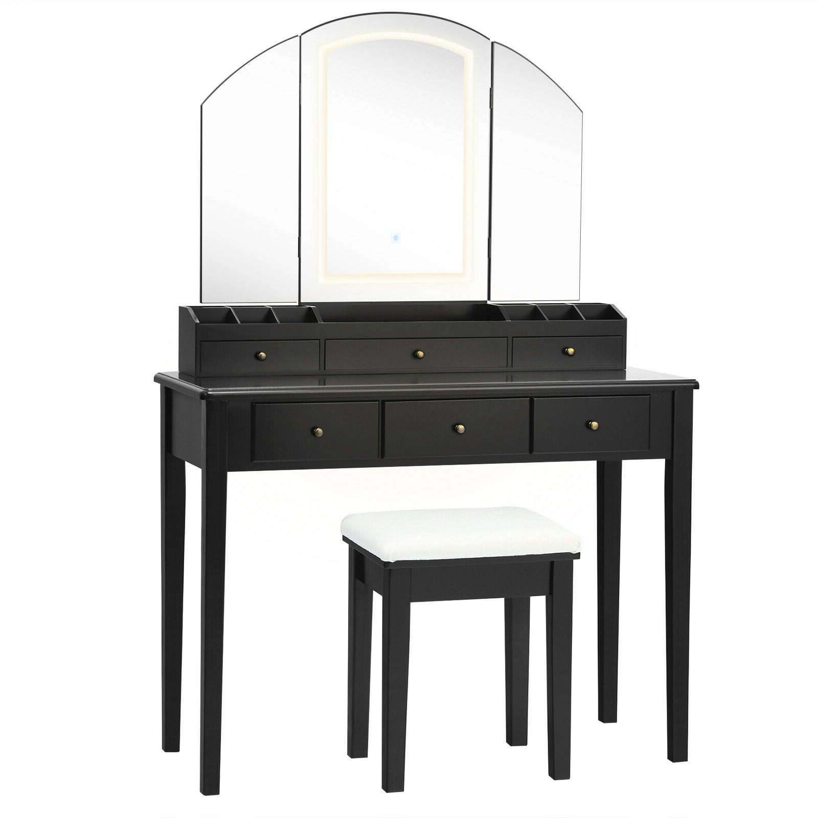 SUGIFT Tri-Folding Lighted Mirror Vanity Table and Stool Set 40-in Wide 110-lb Desktop Capacity 2-Piece Black