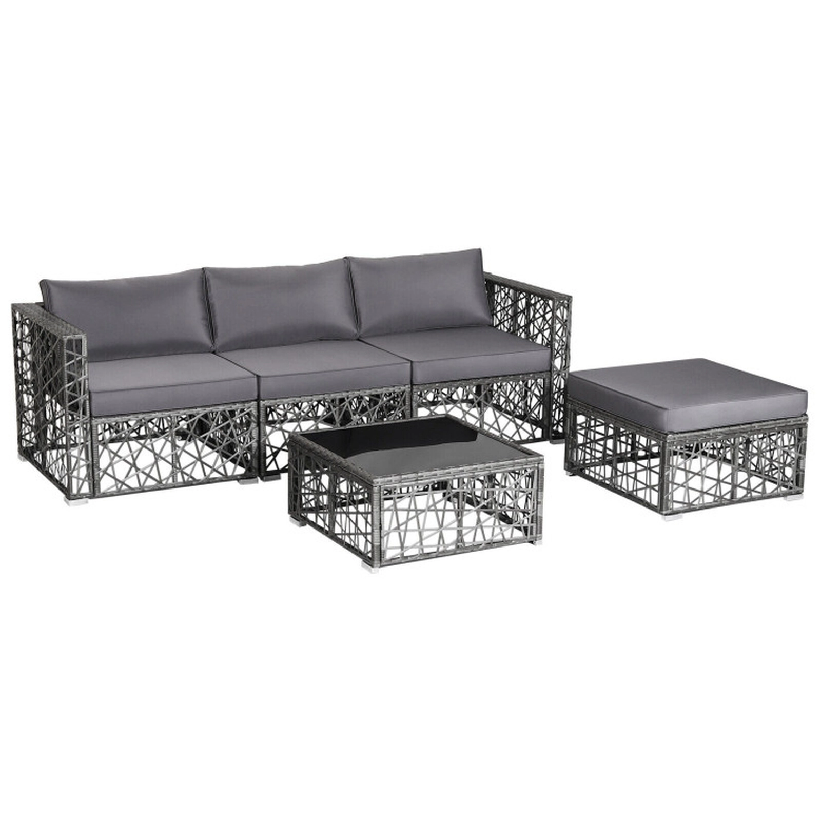 SUGIFT 5-Piece Gray Patio Wicker Sectional Sofa Set with Ottoman and Glass Table 13-in Seat H 350-lb Sofa Capacity