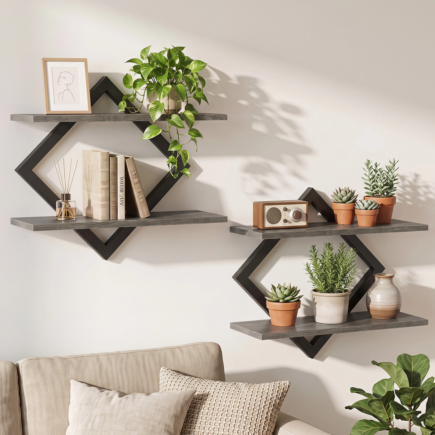 LJG Set of 2 Metal Floating Shelves for Wall with Geometric Frame