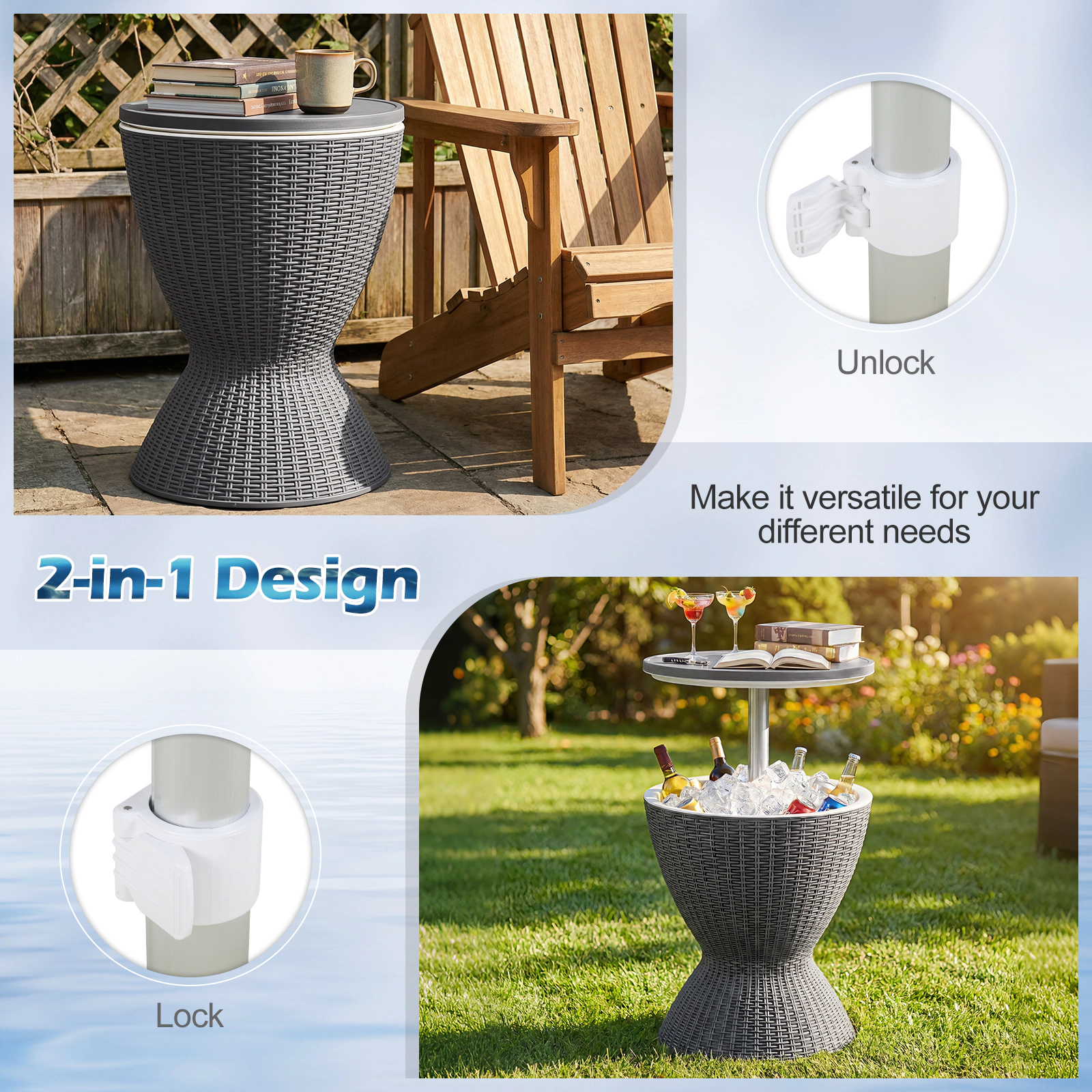 SUGIFT Outdoor Rattan-Style Bar Table with Adjustable Height and 8-Gallon Ice Bucket