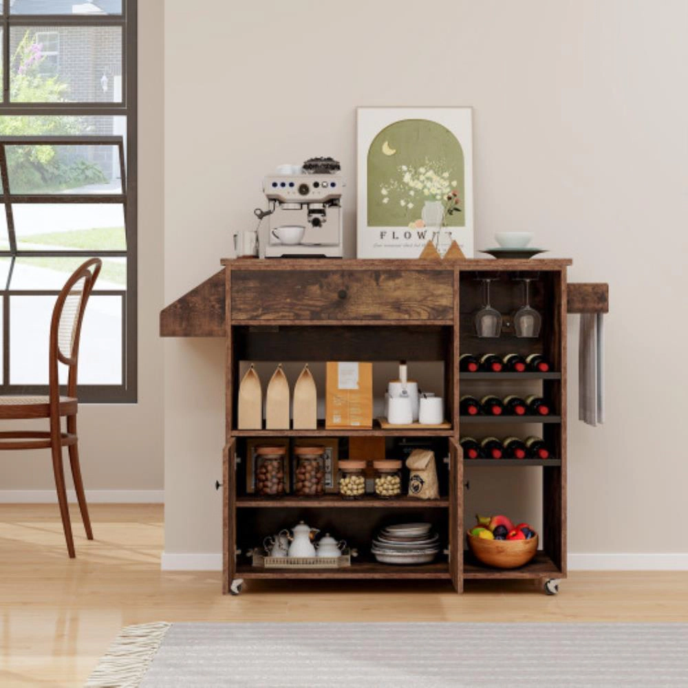 Hivvago Drop Leaf Mobile Kitchen Island Cart with Power Outlet and Adjustable Shelf
