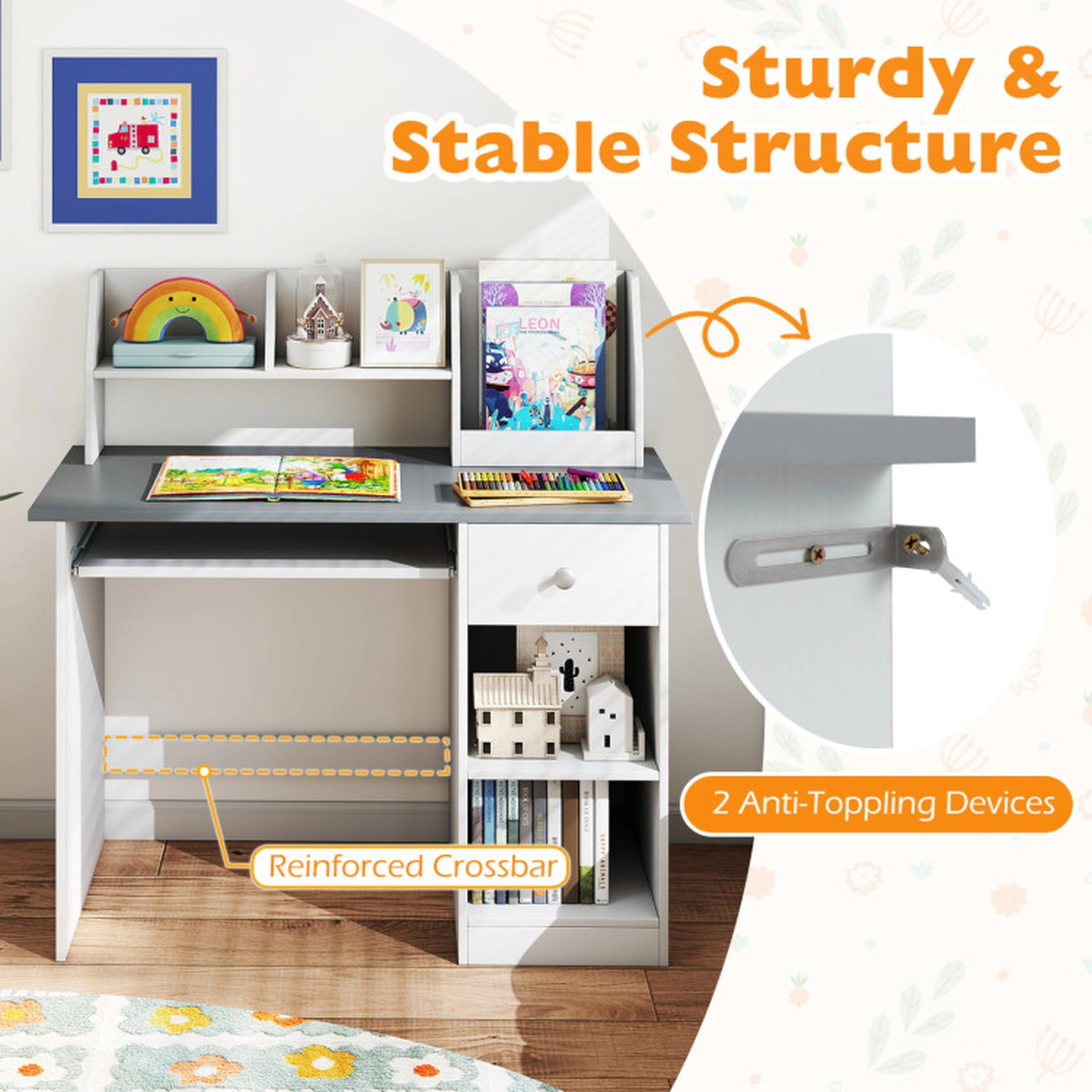SUGIFT Kids Study Desk with Hutch Drawer Shelves & Keyboard Tray 200-lb Capacity Ages 3-6 Table & Chair Set White & Gray
