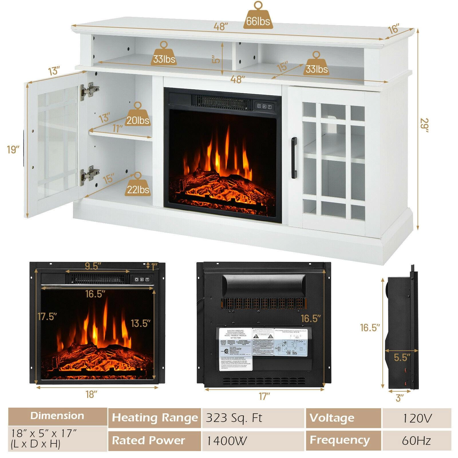 SUGIFT 48-In White Electric Fireplace TV Stand for TVs Up to 50 In, Adjustable Shelves