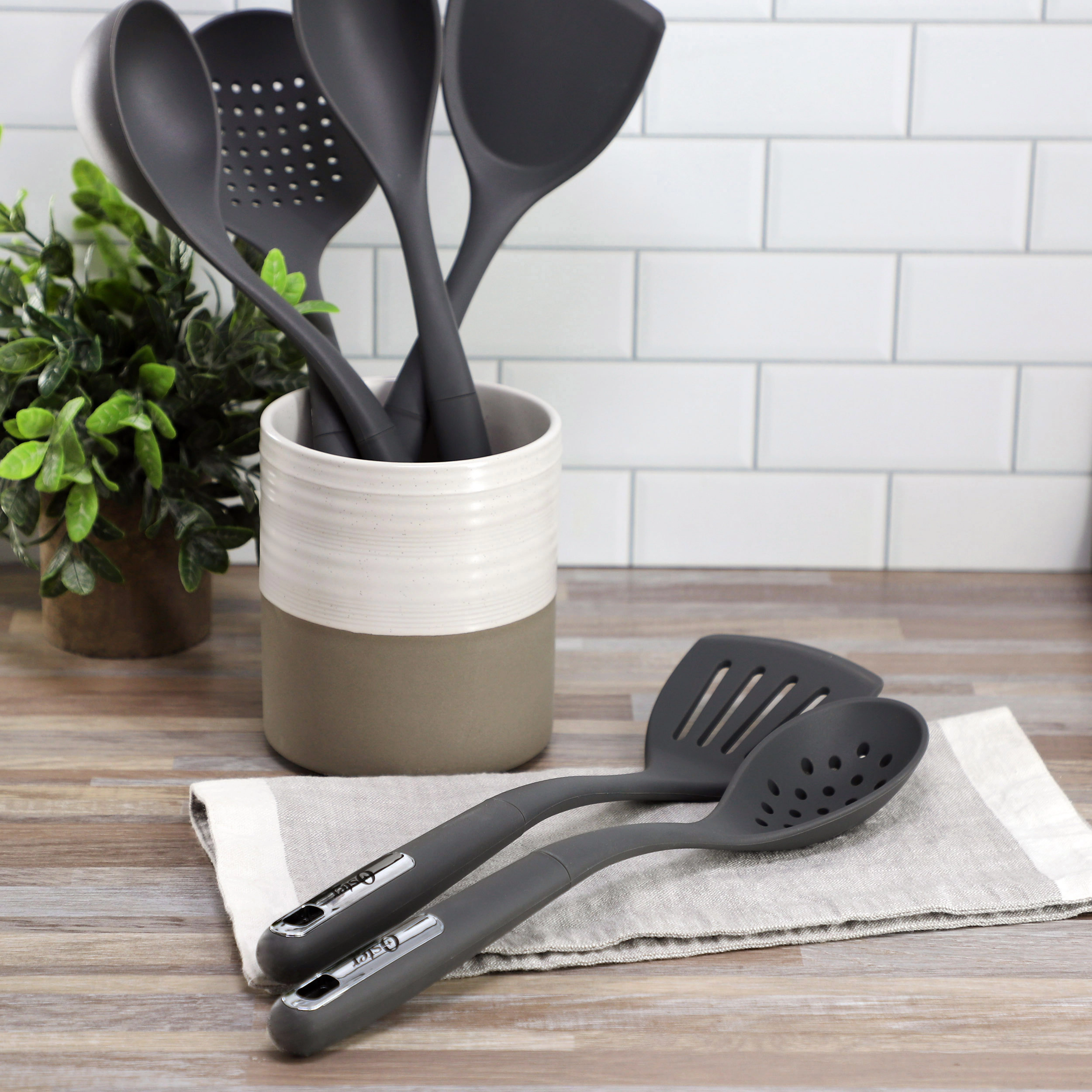 Oster Ridgecrest 2 Piece Silicone Kitchen Tool Slotted Spoon and Turner Set in Gray