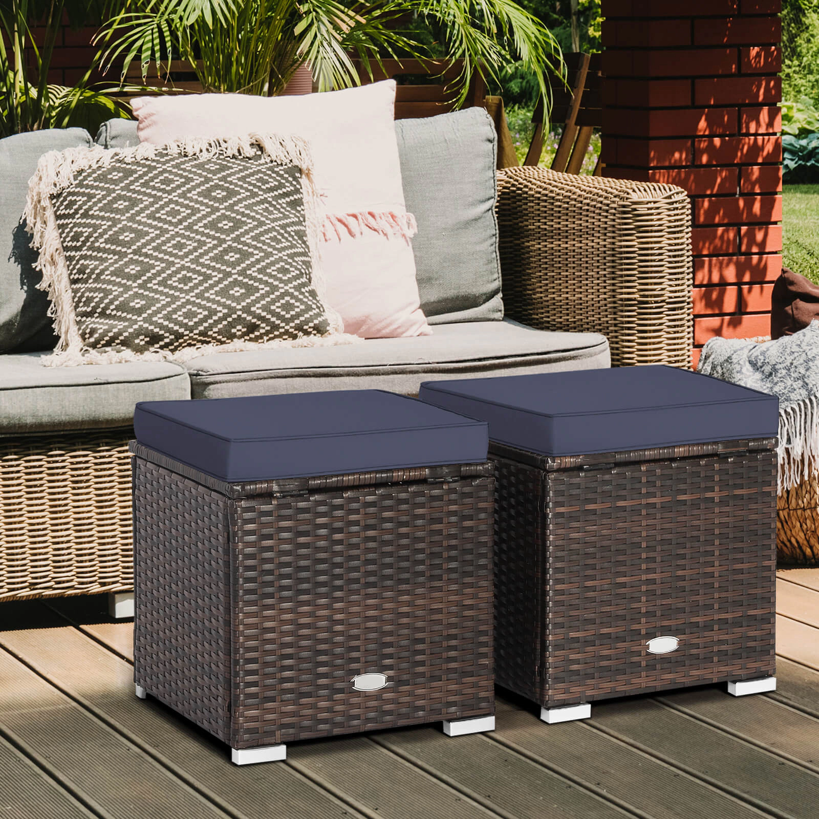 SUGIFT Set of 2 Navy Cushioned Wicker Storage Ottomans, 350 lb Capacity